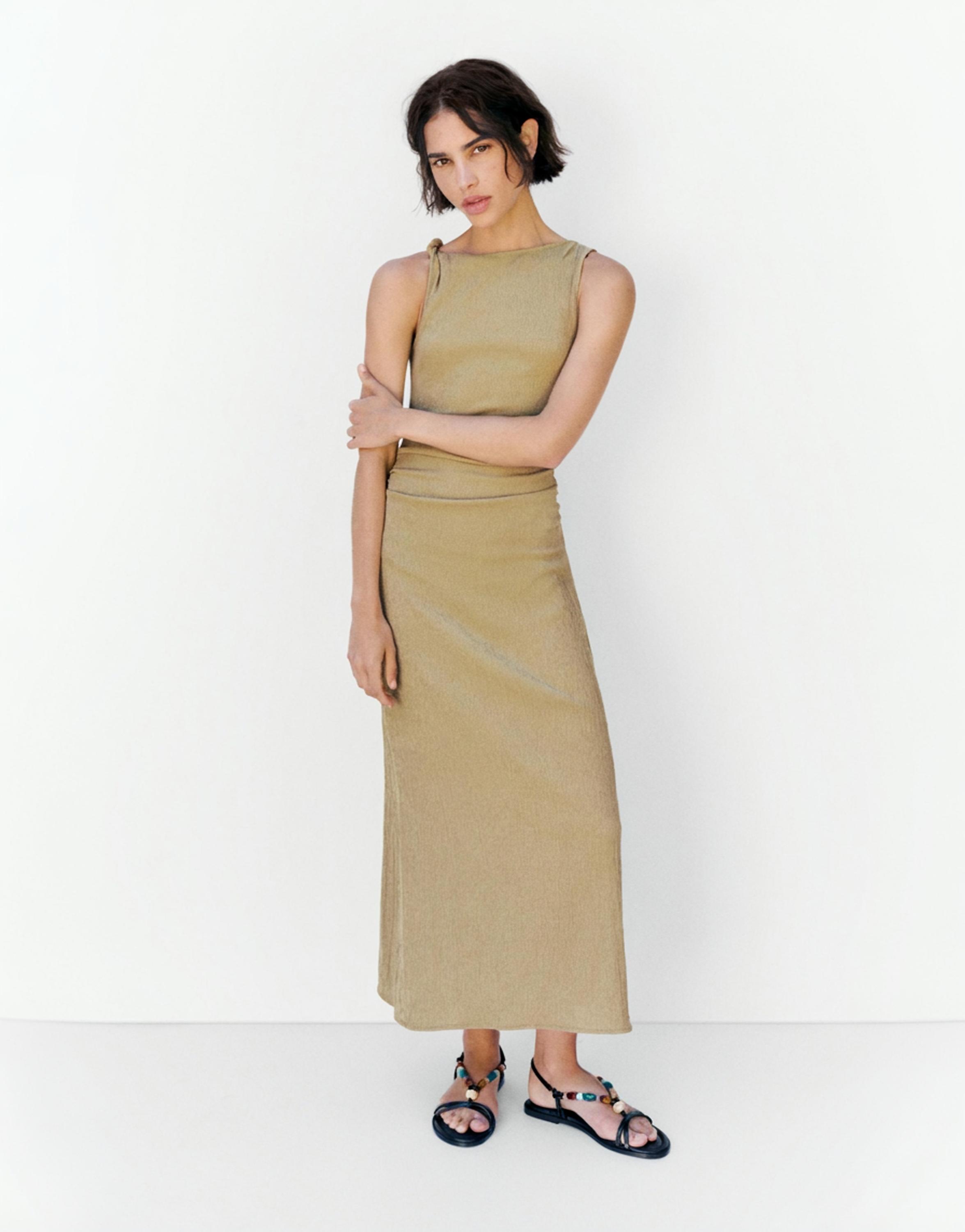 Gathered knot midi dress — Khaki