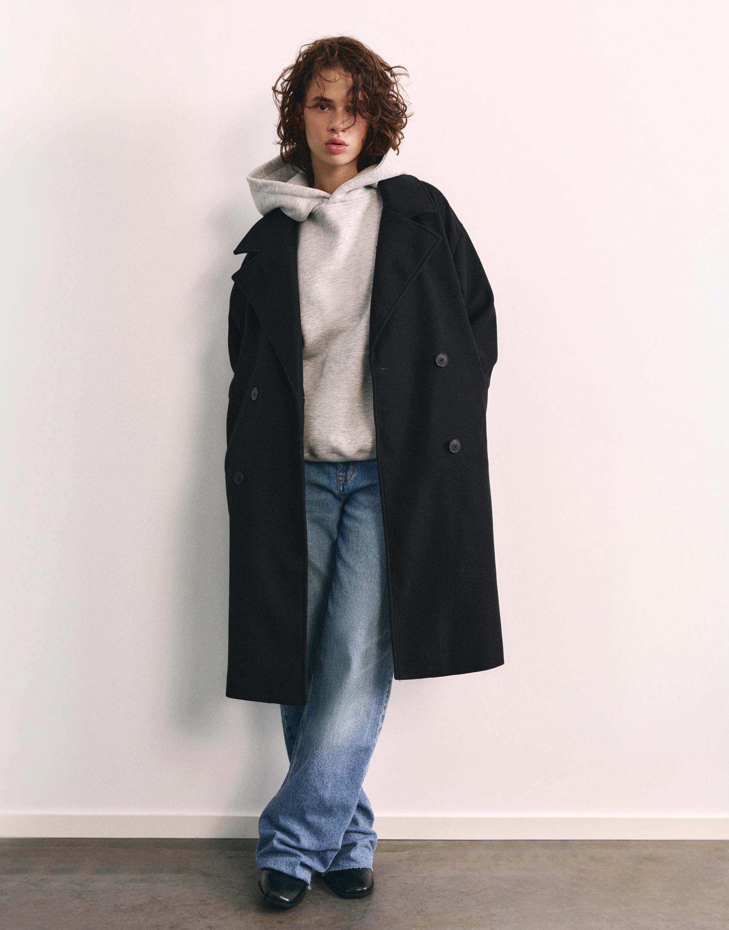 Double-breasted felt texture coat — Black