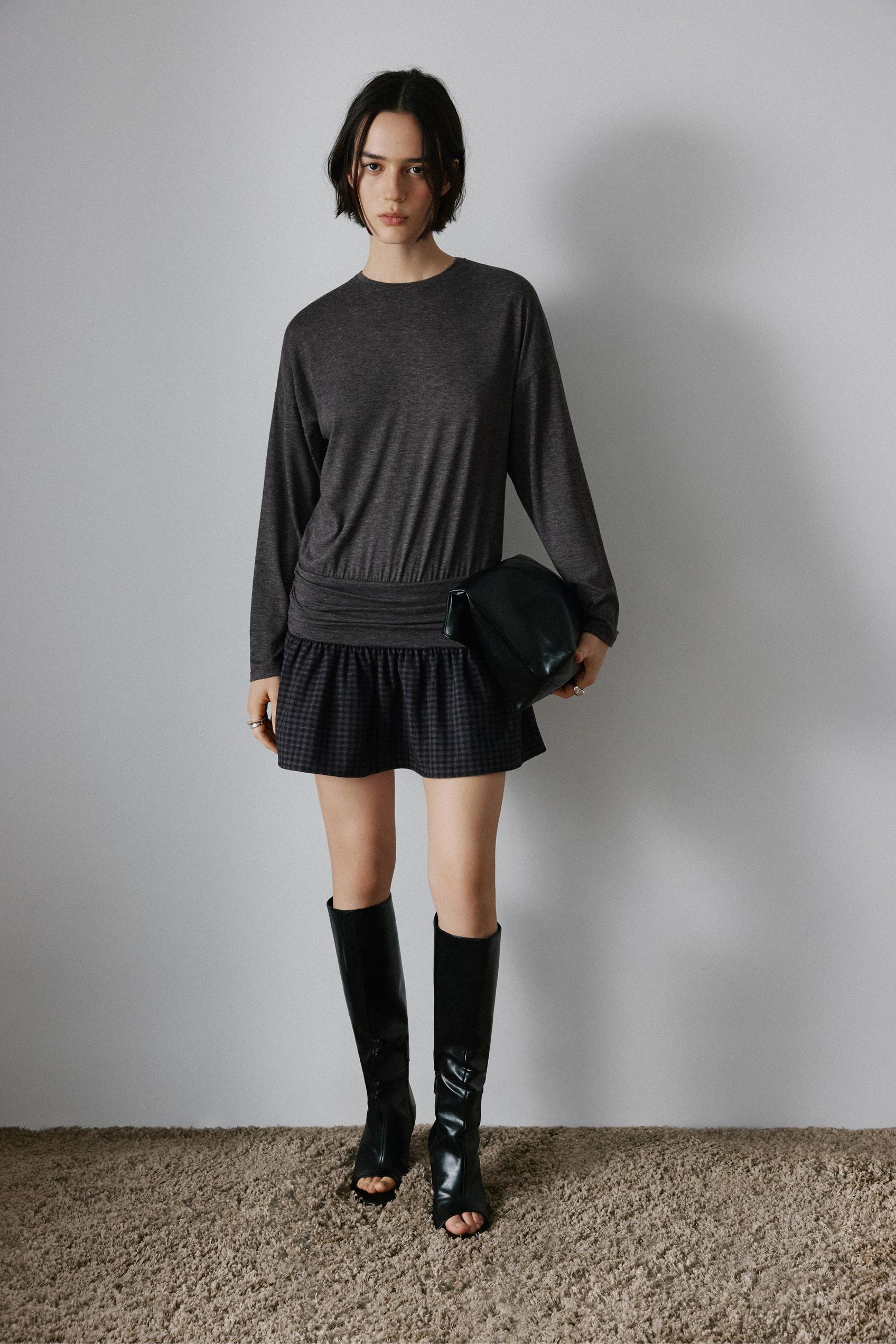 Combined check short dress — Dark grey