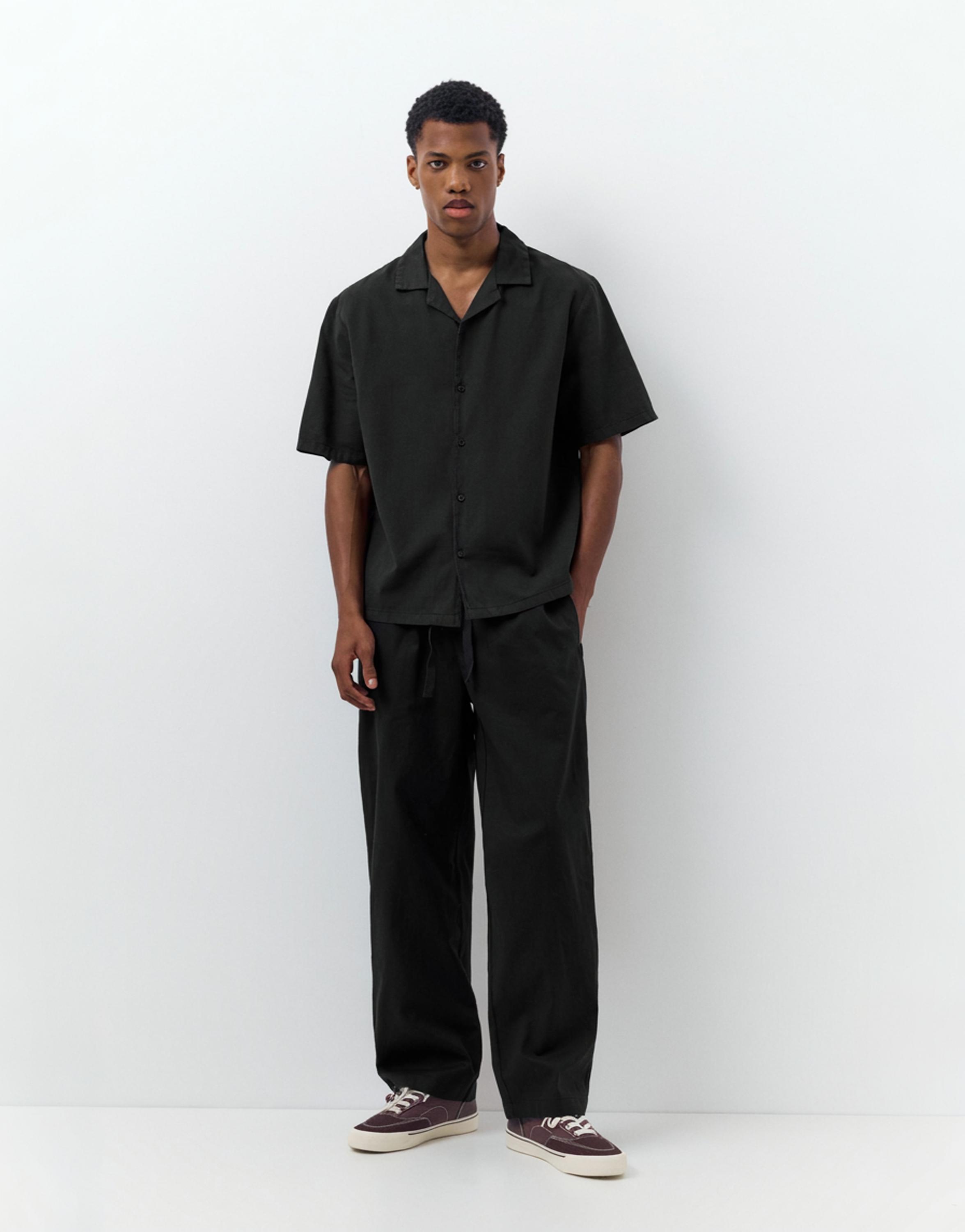 Short sleeve linen blend shirt — Black
