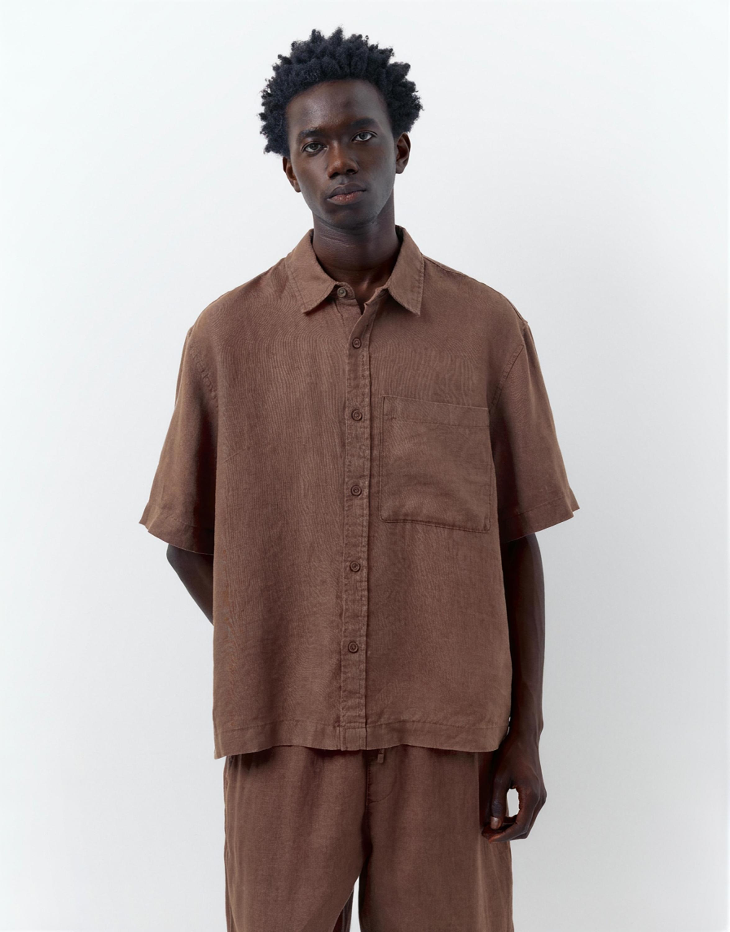 100% linen short sleeve shirt — Brown