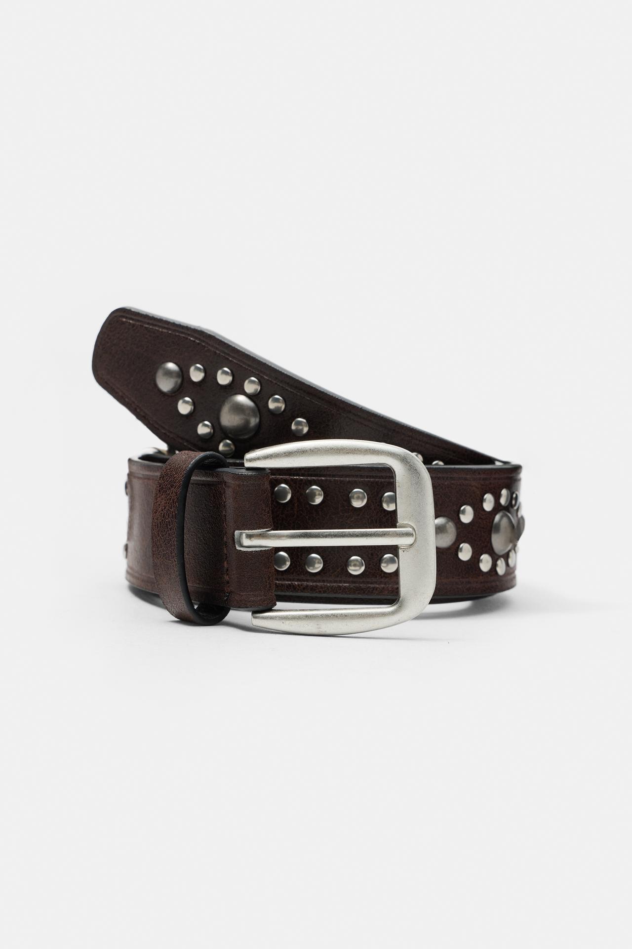 Leather effect studded belt — Brown