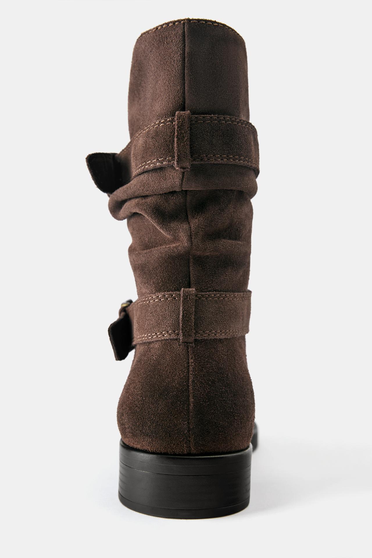 Ruched leather buckle boots — Brown