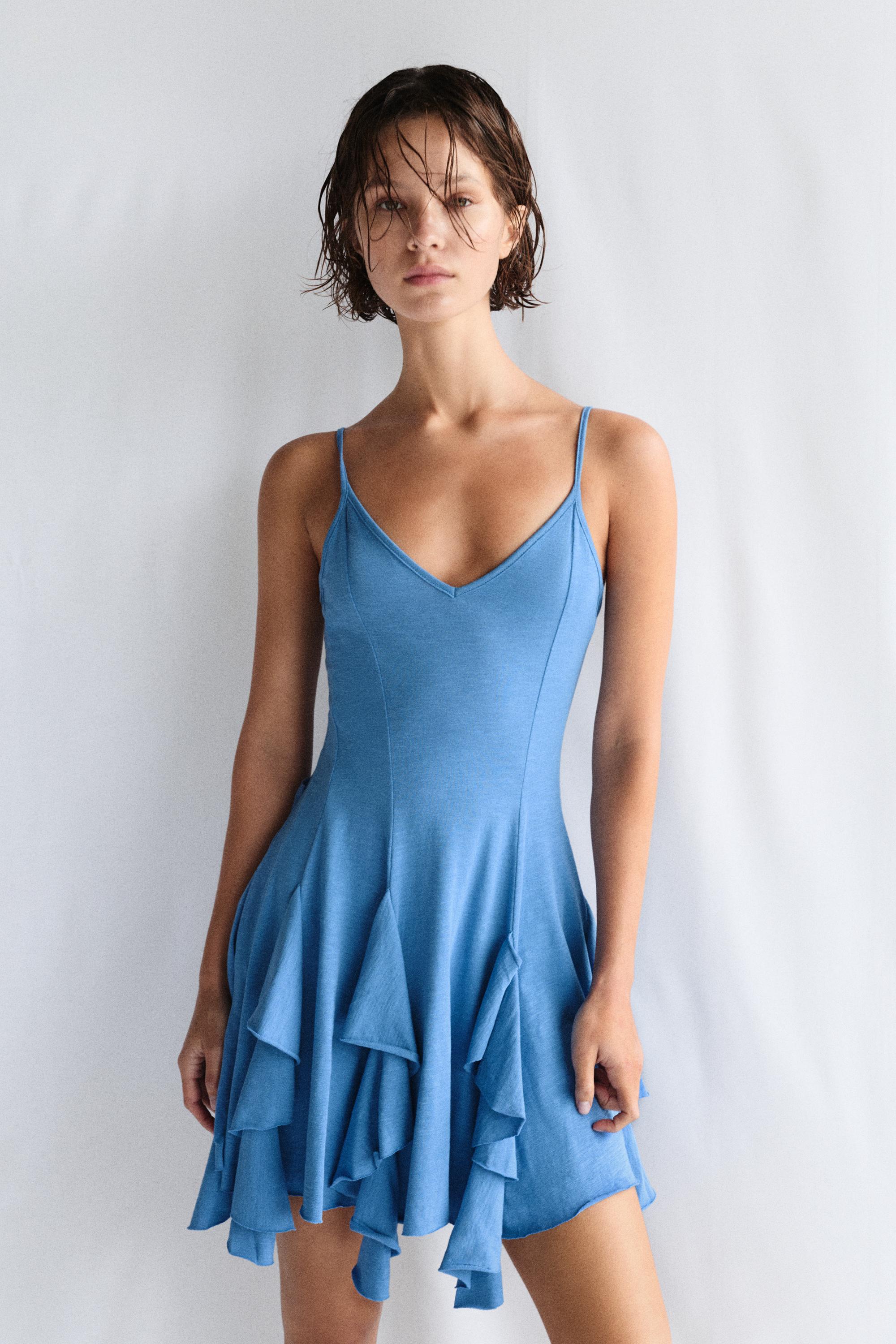 Short strappy flared dress — Blue