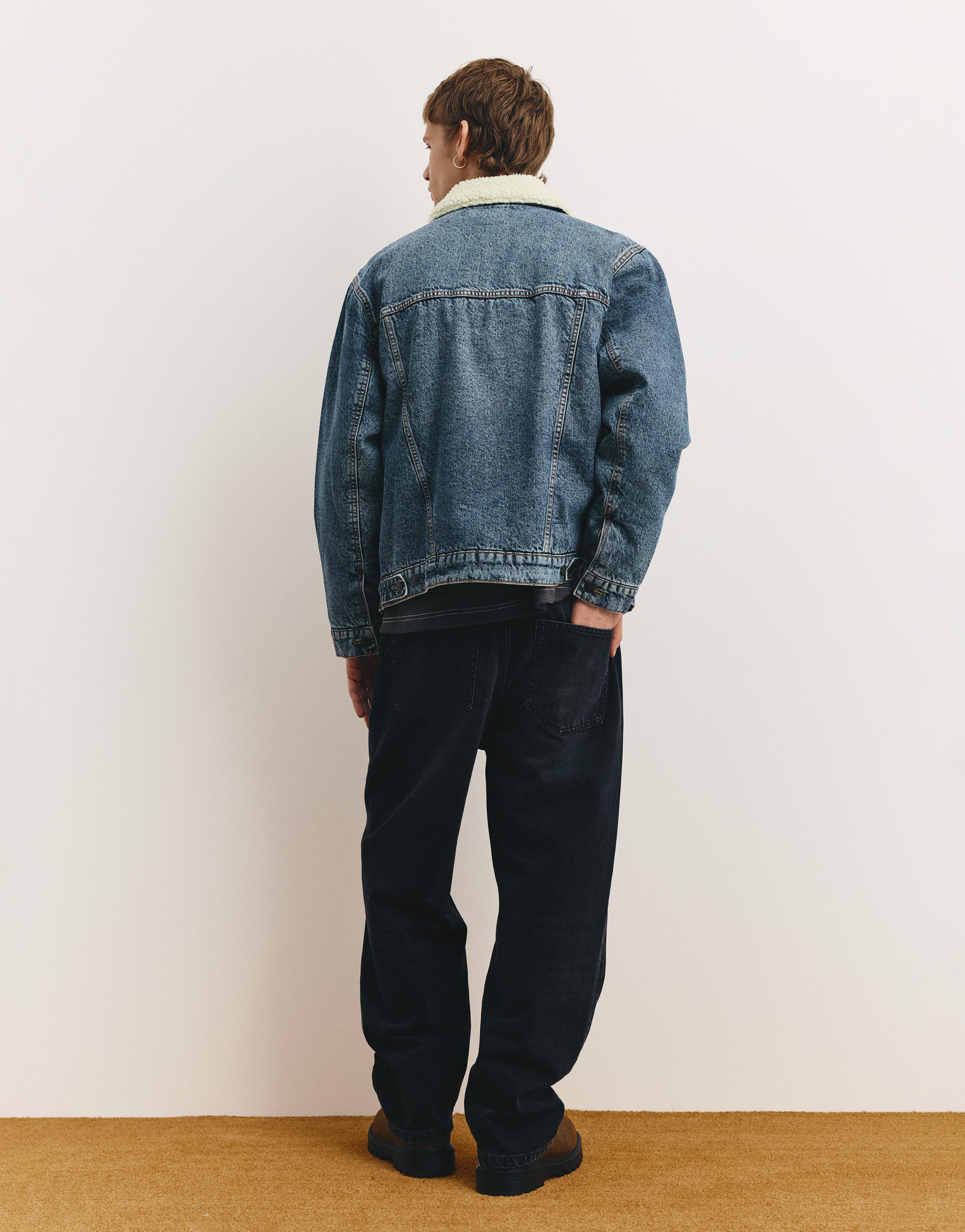 Denim jacket with faux shearling collar — Medium blue