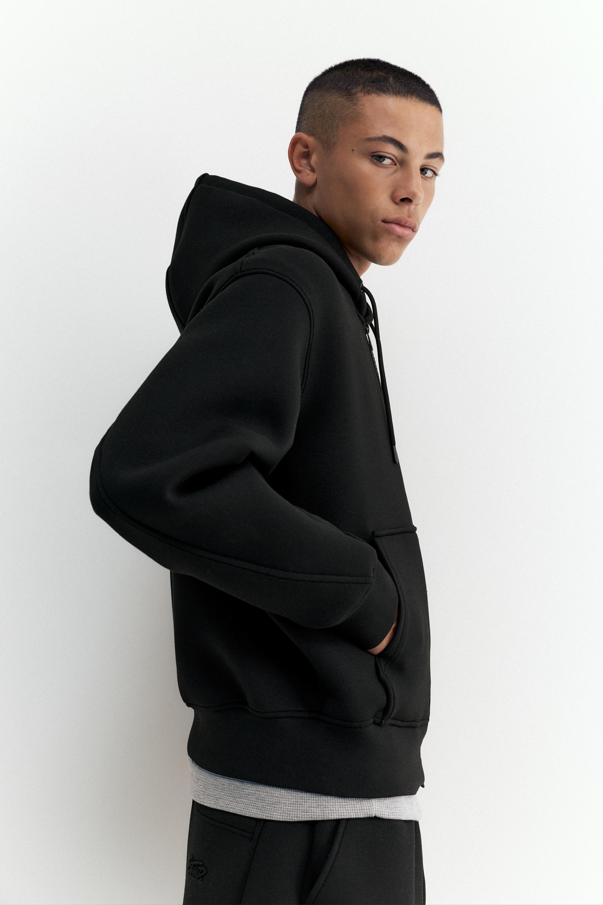 Neoprene-effect zip-up hoodie — Black