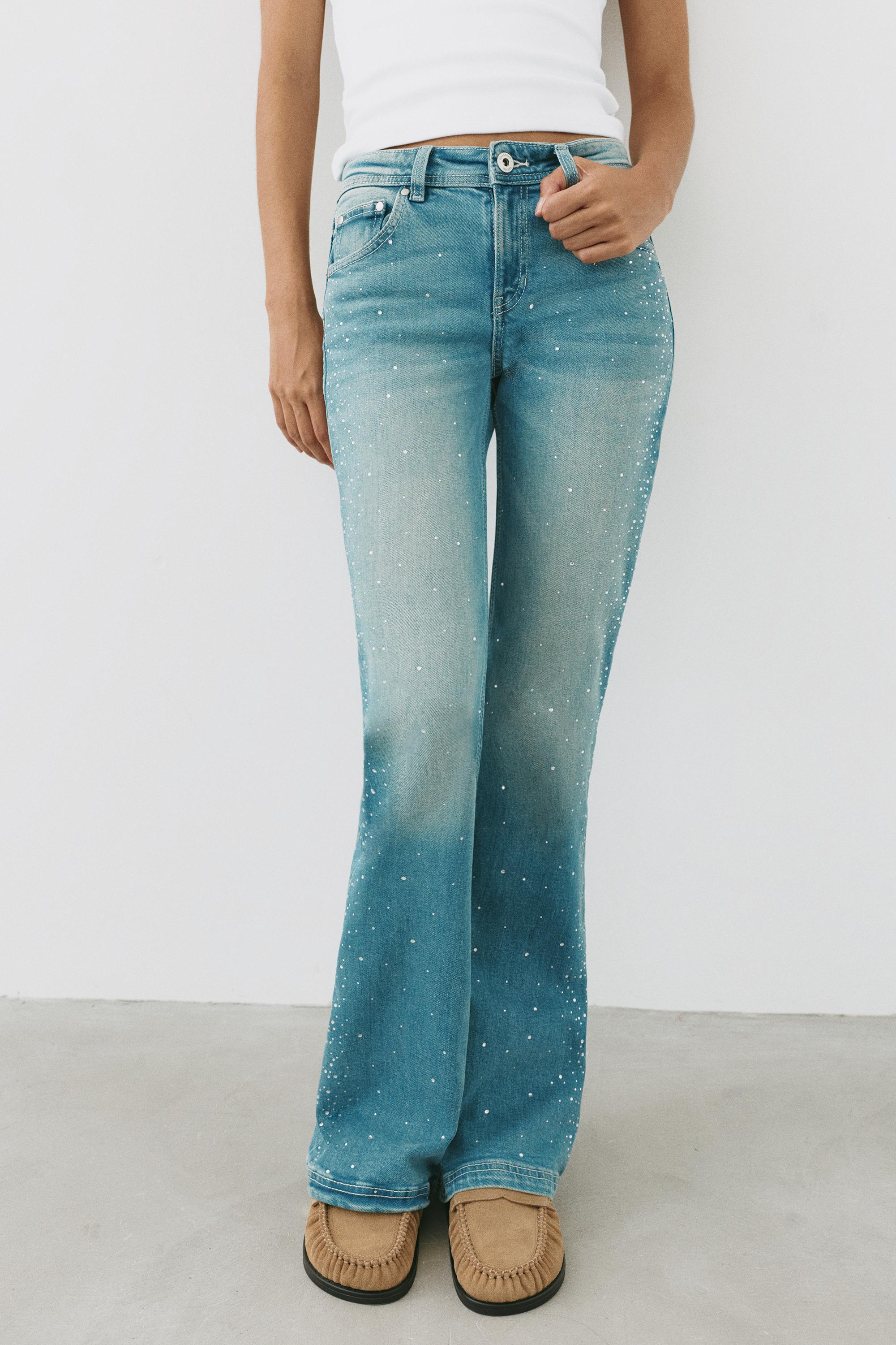 Rhinestone boot-cut jeans — Greenish blue