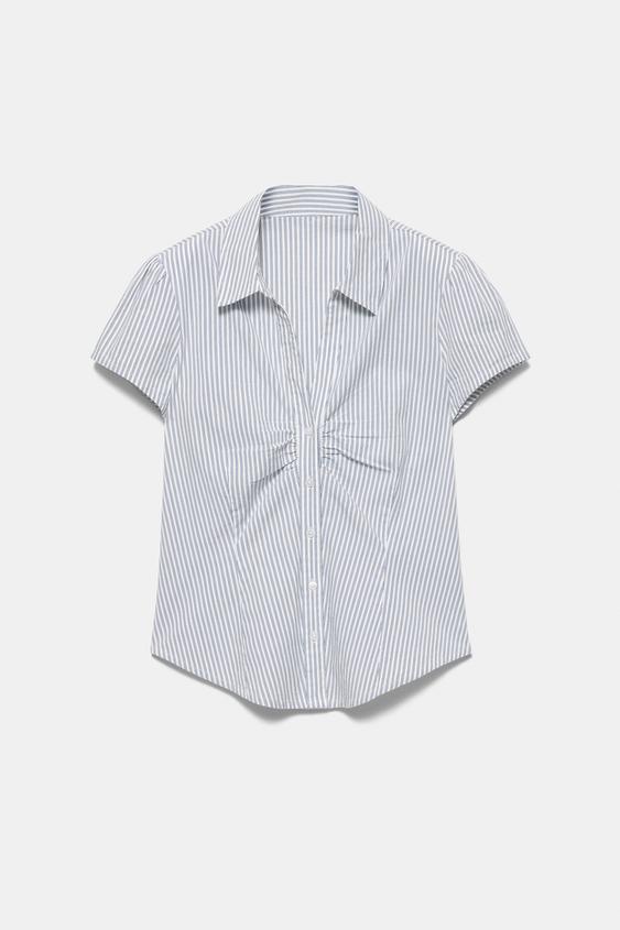 Maglietta da donna con scollo a V a maniche corte a sbuffo, plissettata, con stampa floreale, camicetta da donna per allenamento a maniche corte, Azzurro, S