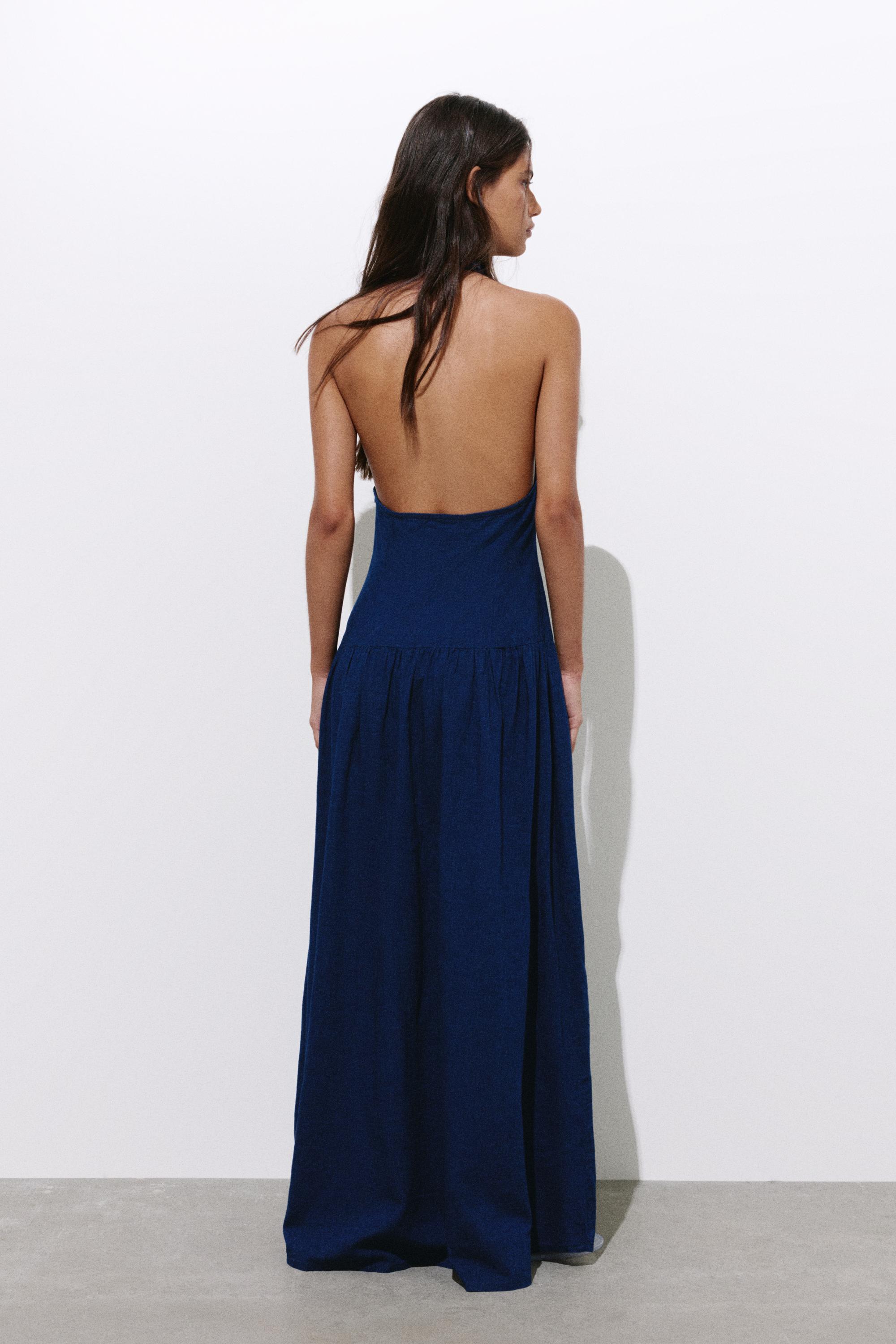 Halter yaka uzun denim elbise - Görsel 19