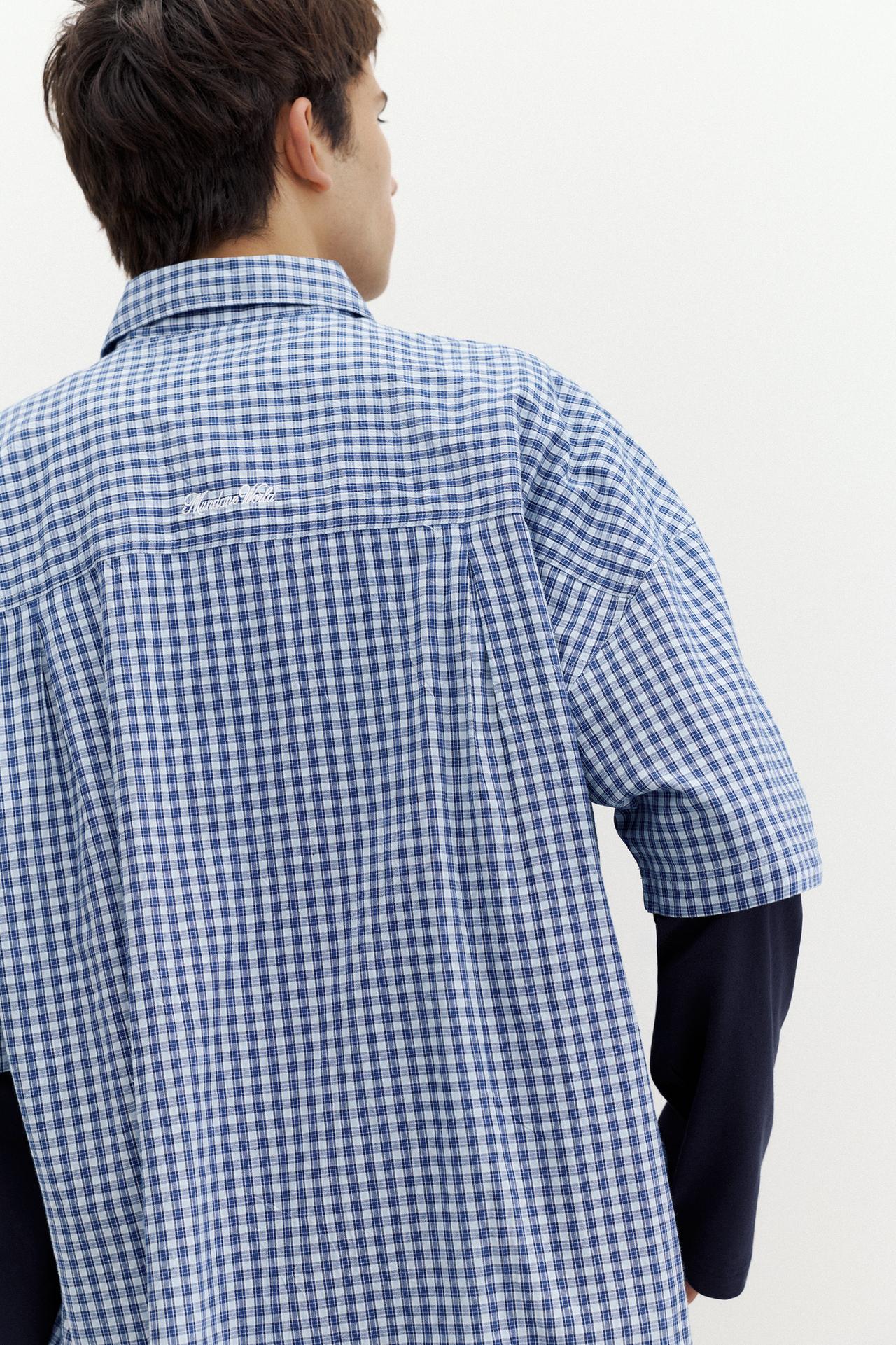Check double sleeve shirt — Blue