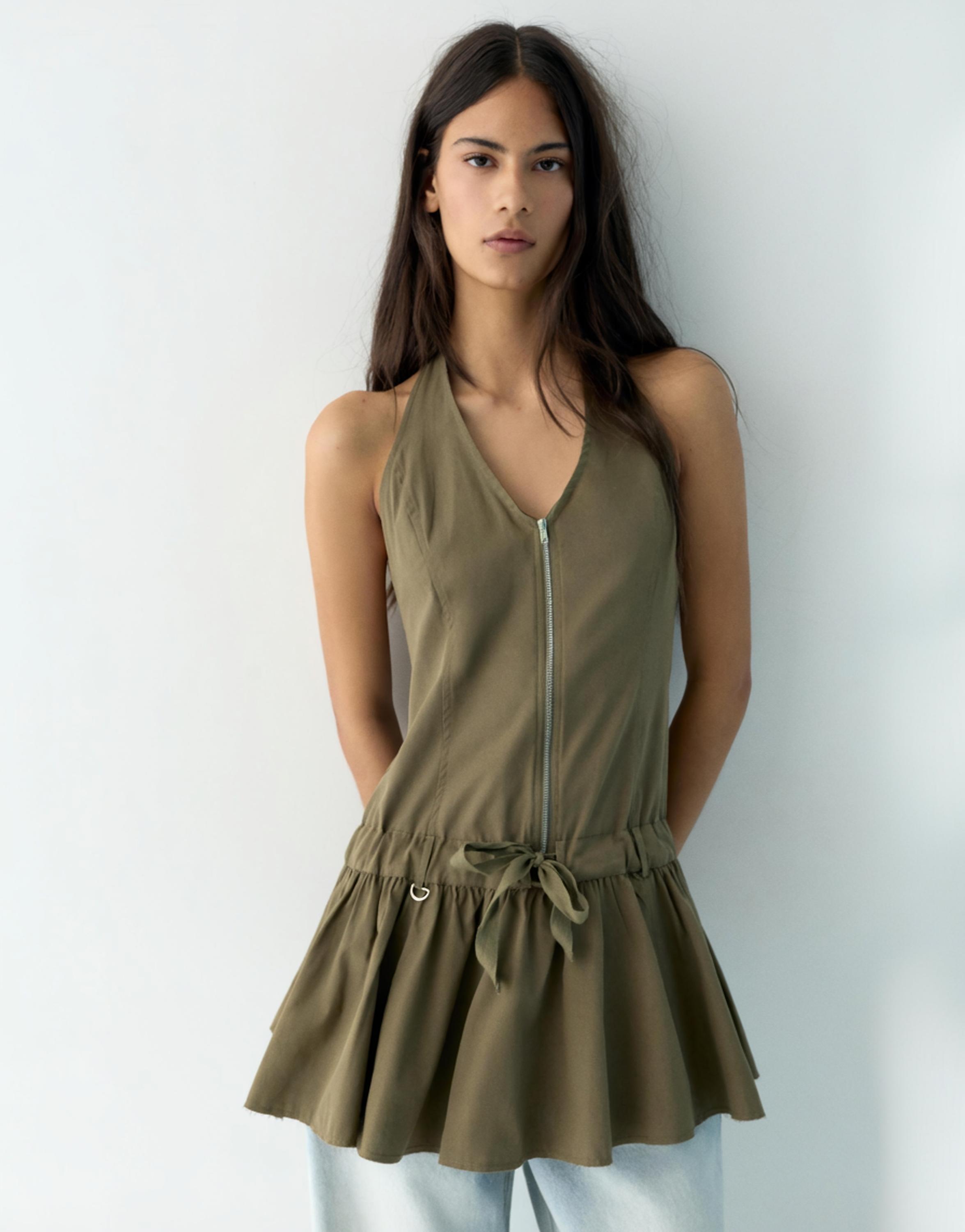 Short halter dress with zip — Khaki