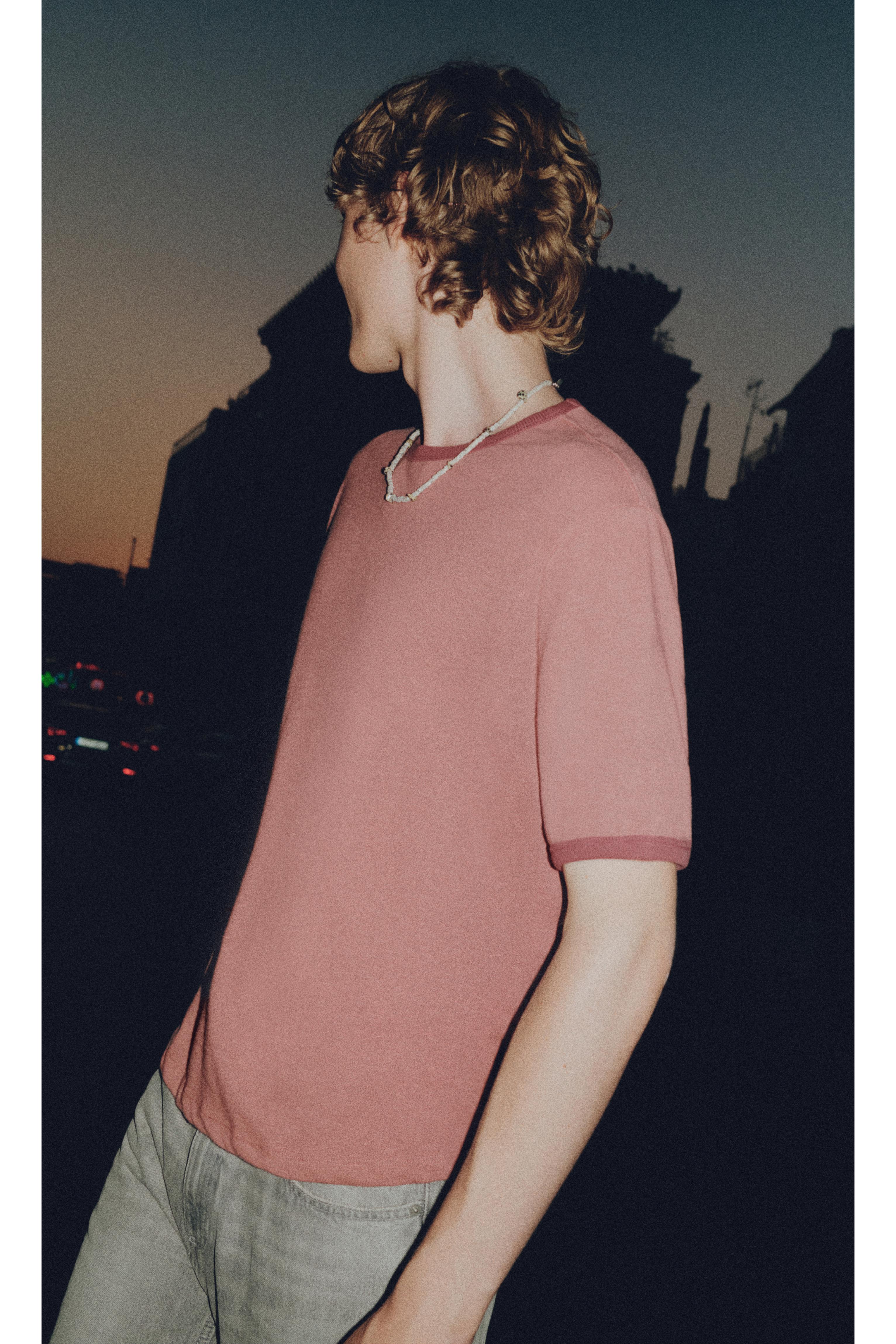 Contrast ribbed T-shirt — Pink
