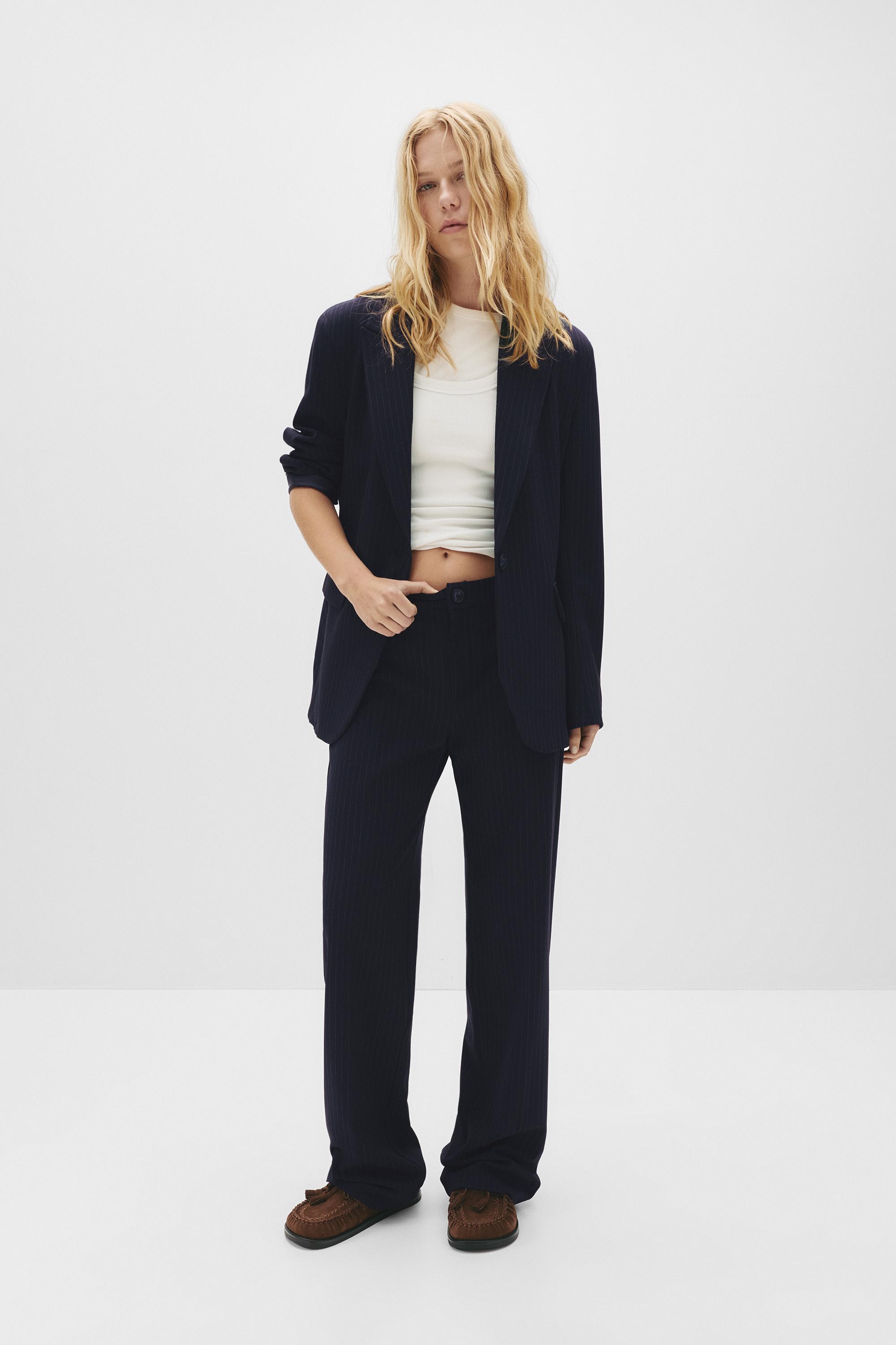 Smart high-waist straight-leg trousers — Striped
