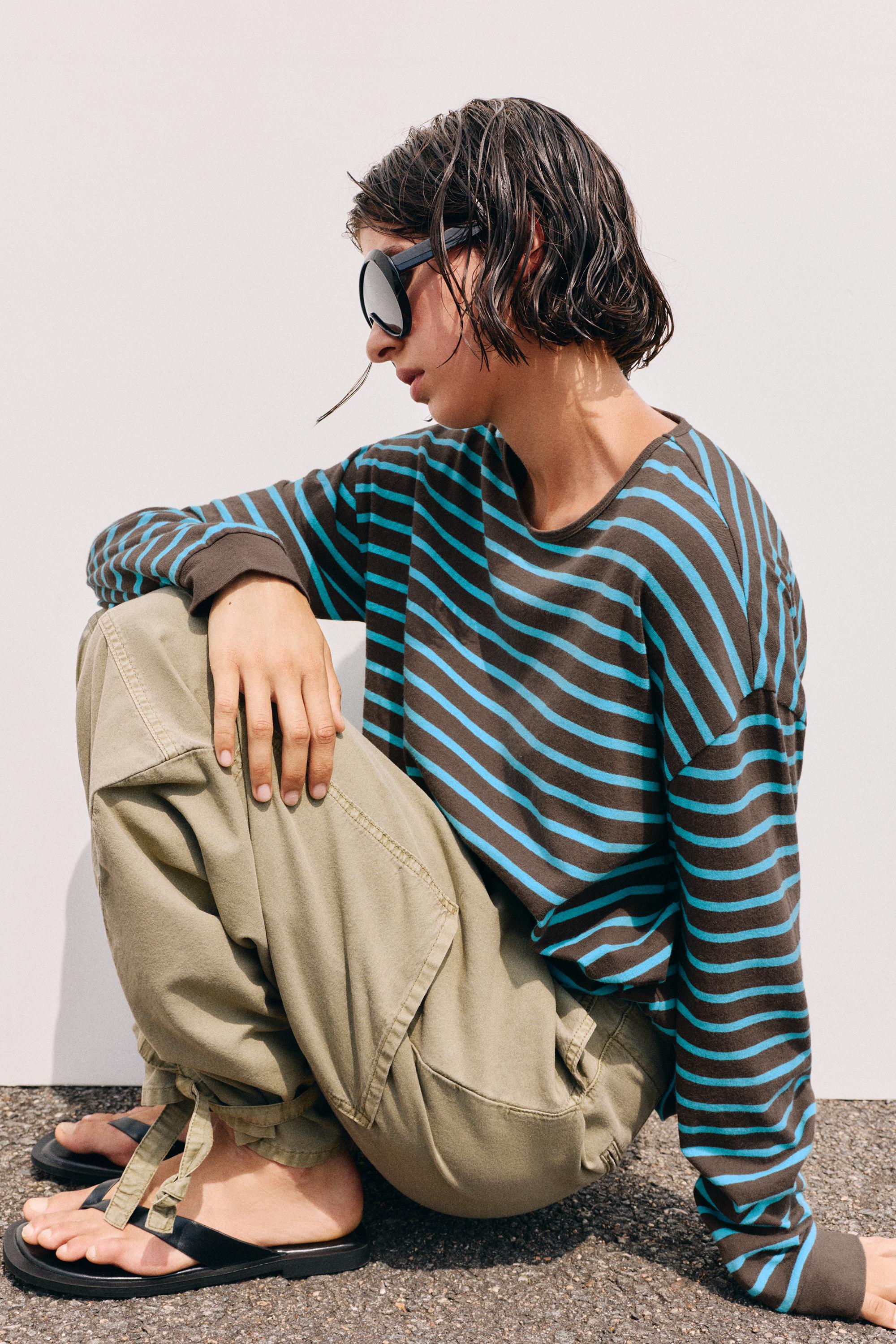 Oversize long sleeve striped T-shirt — Brown