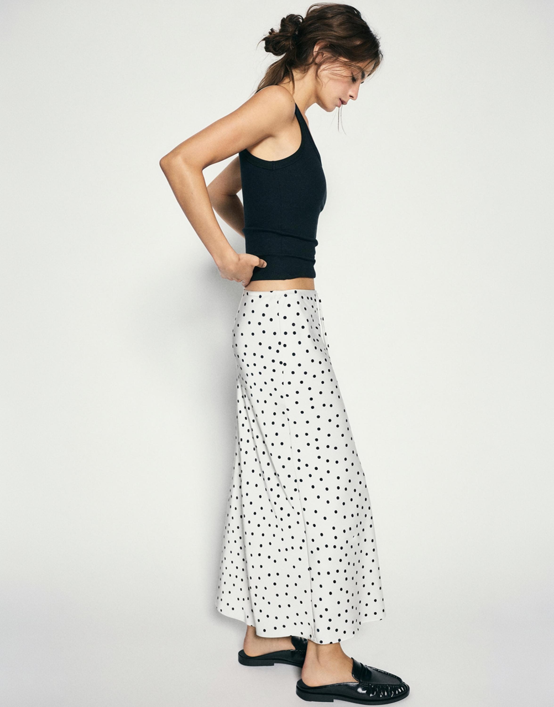Satin drawstring midi skirt — Ecru/Black