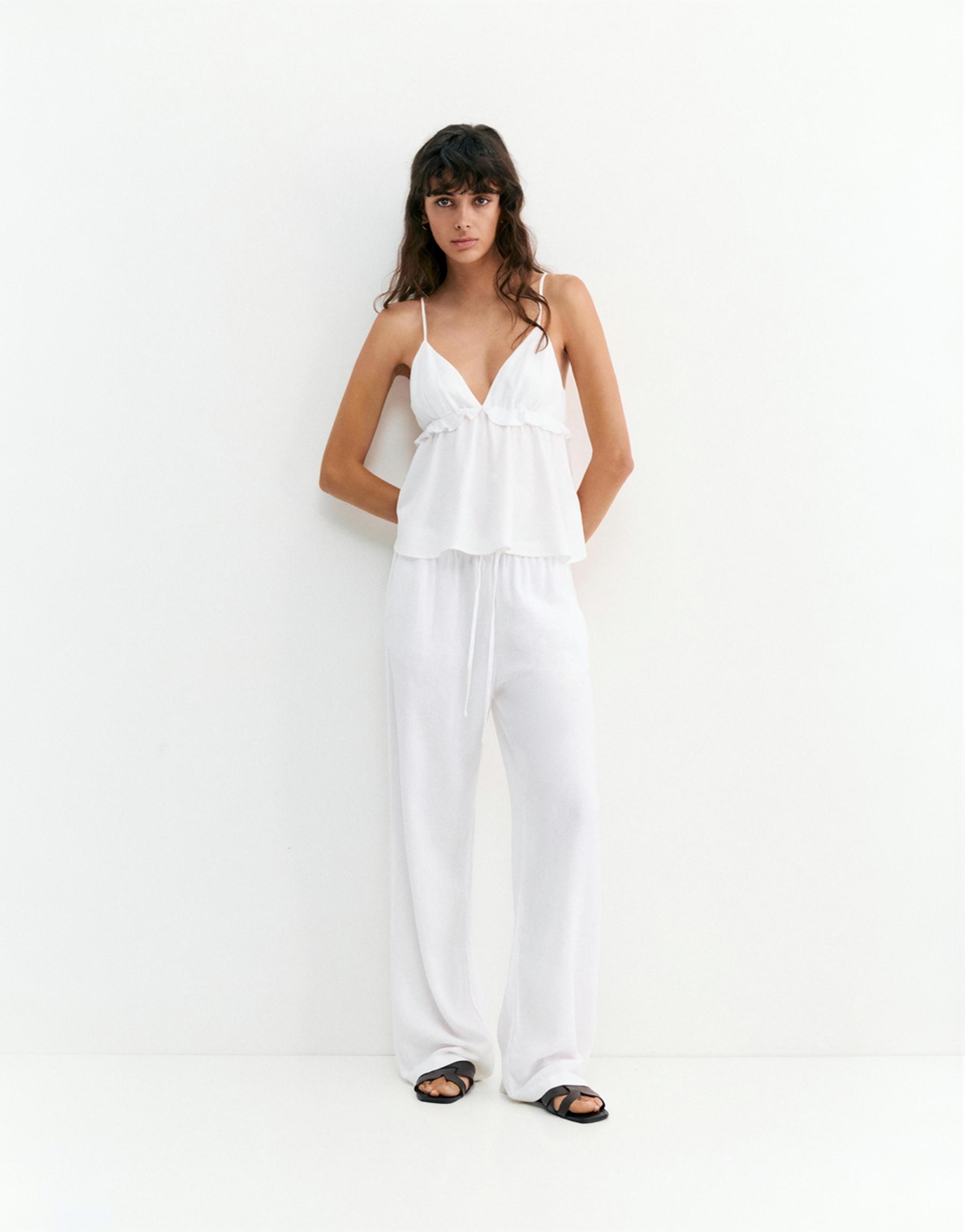Ruffled linen top — White