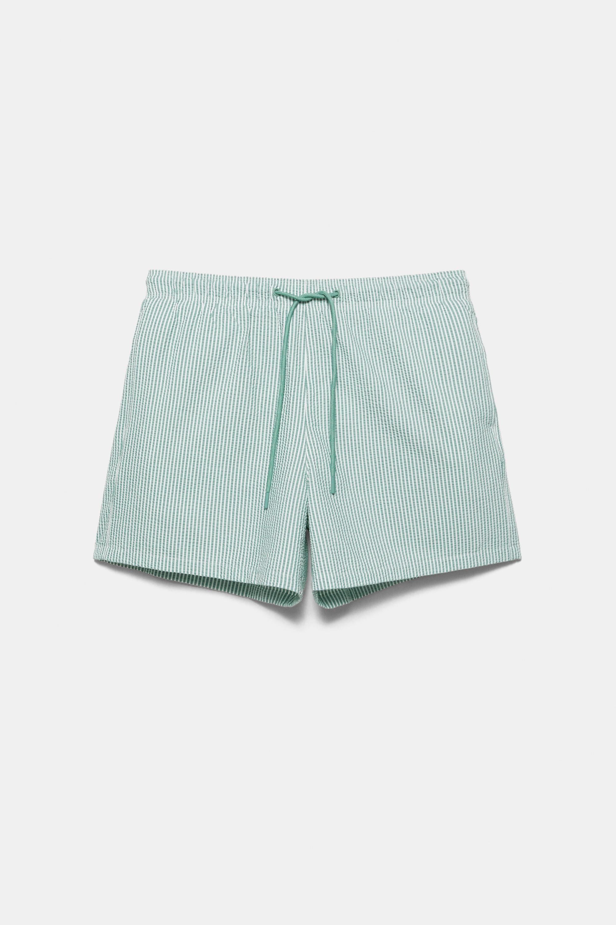 Striped seersucker swimming trunks — Green