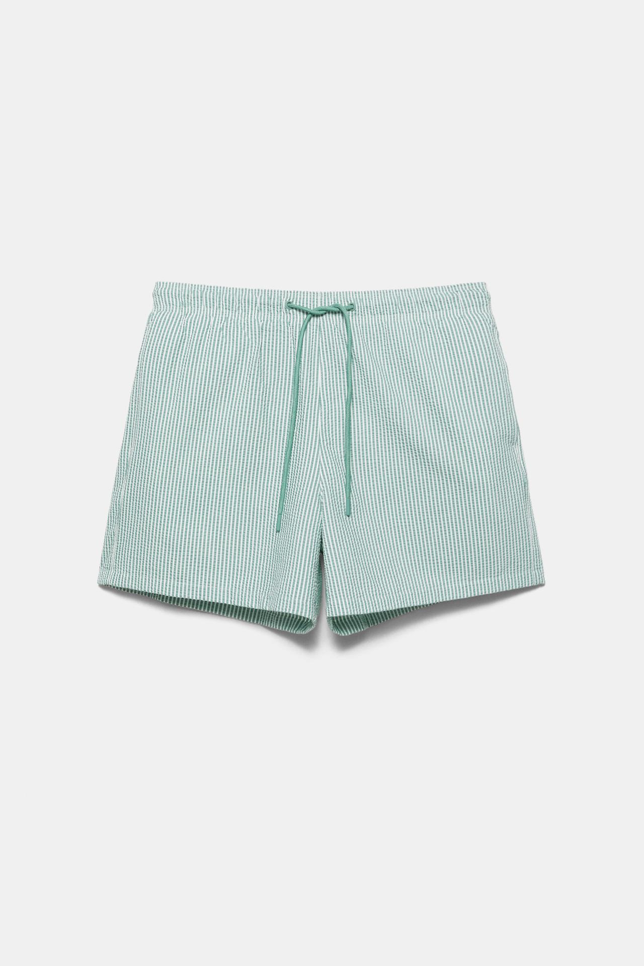 Striped seersucker swimming trunks — Green