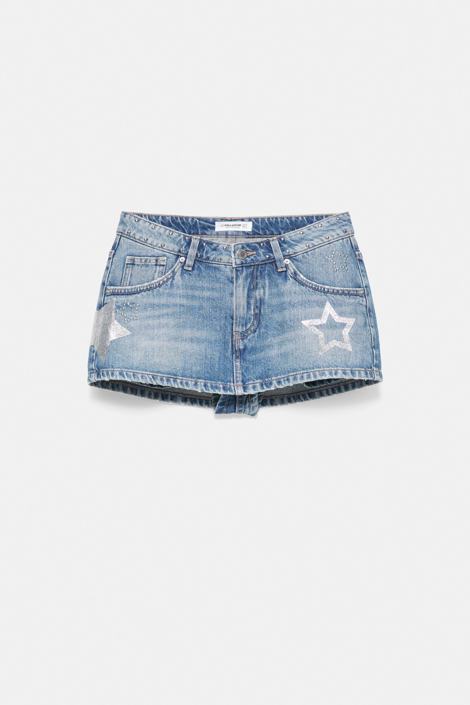 Star and stud denim mini skirt — Medium blue