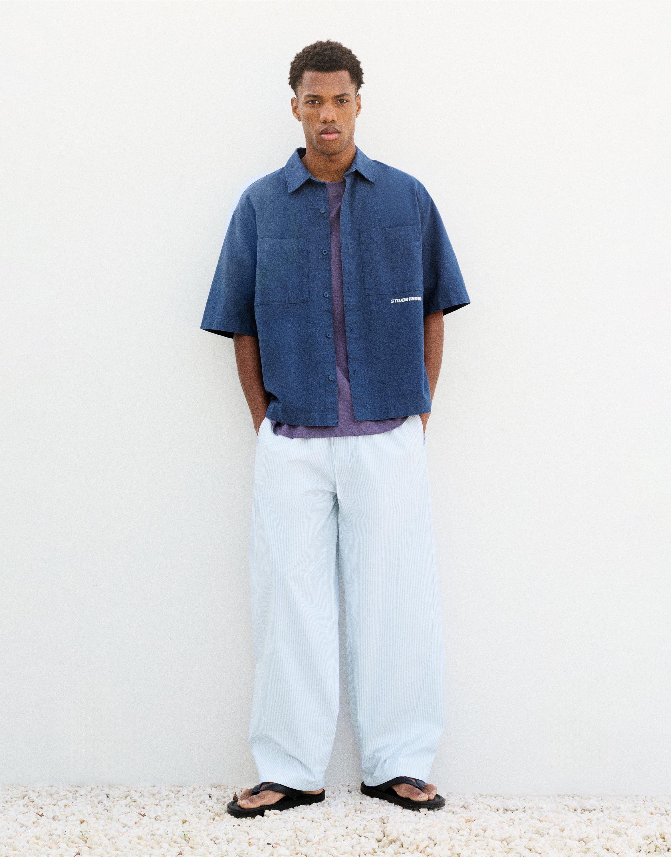Relaxed fit striped pyjama-style trousers — Pale blue