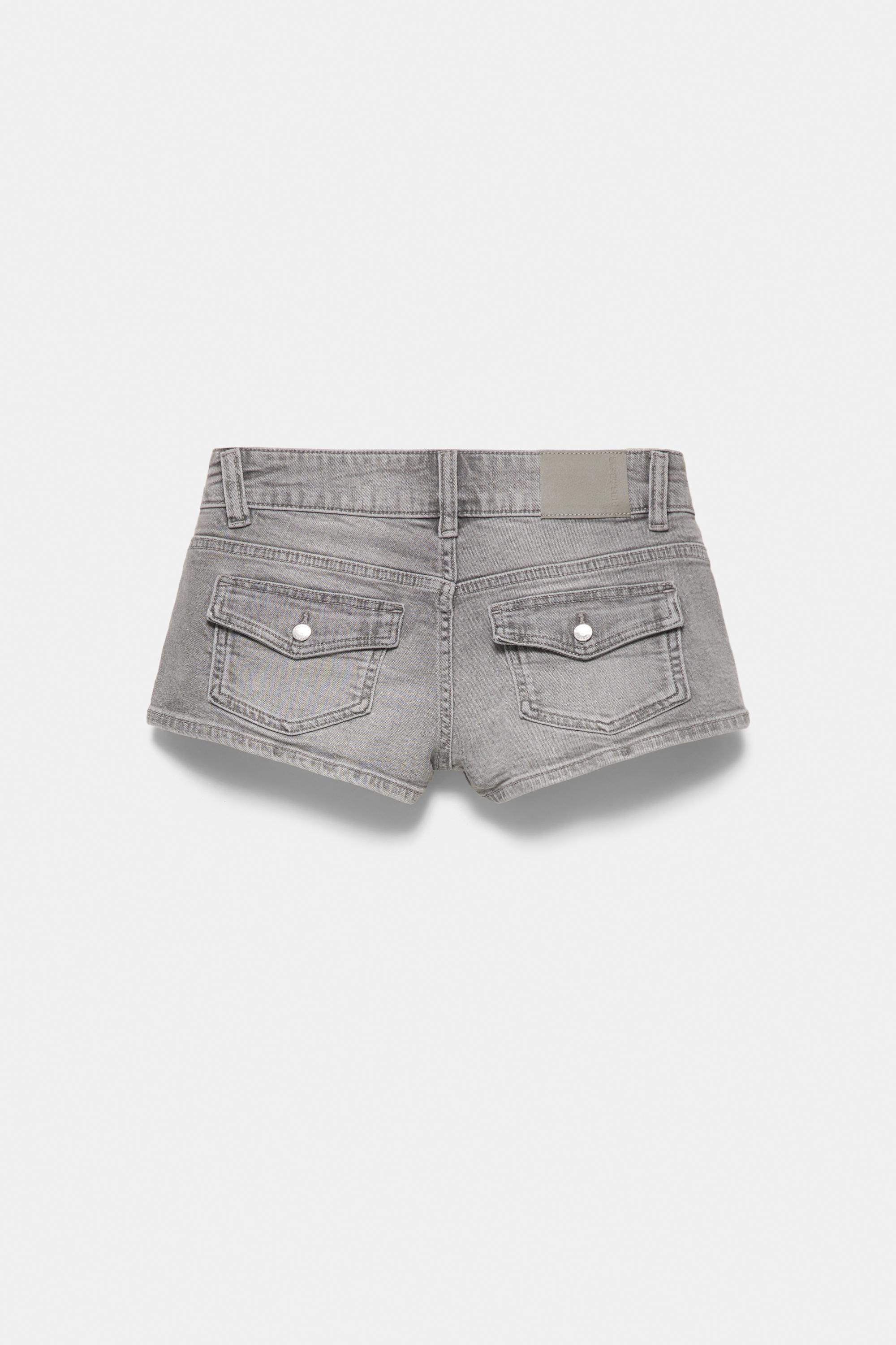 Double-button mini denim shorts — Grey