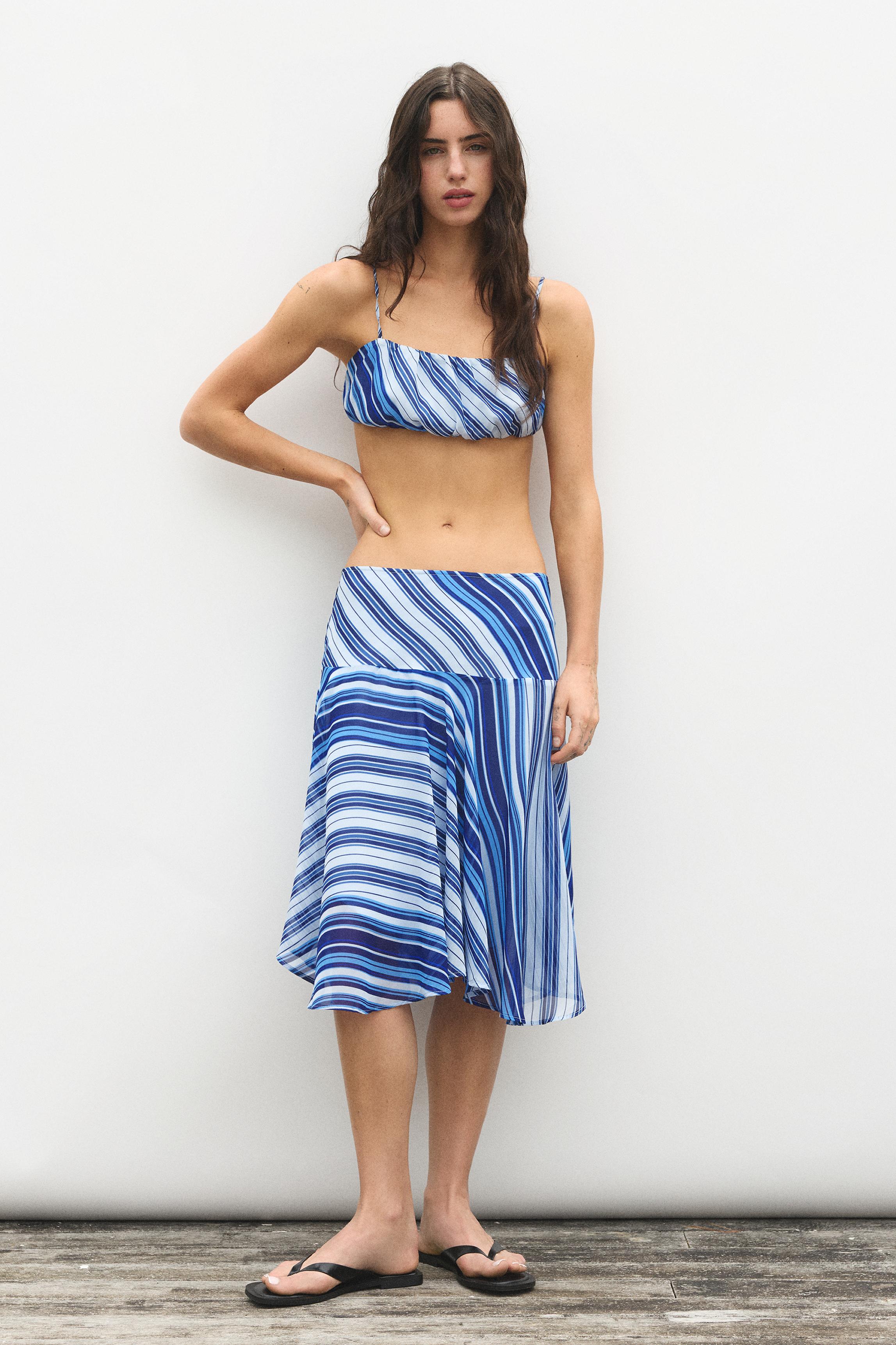 Asymmetric striped midi skirt — Deep blue