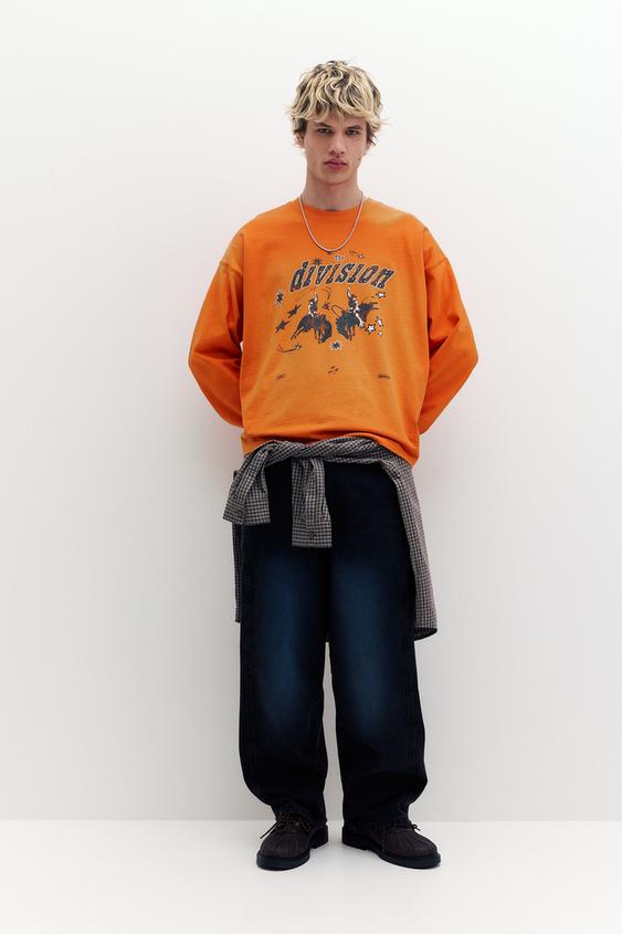 T-shirt Homme Pull&Bear Manches Longues Rayé Orange - Taille 12 - Très Bon état