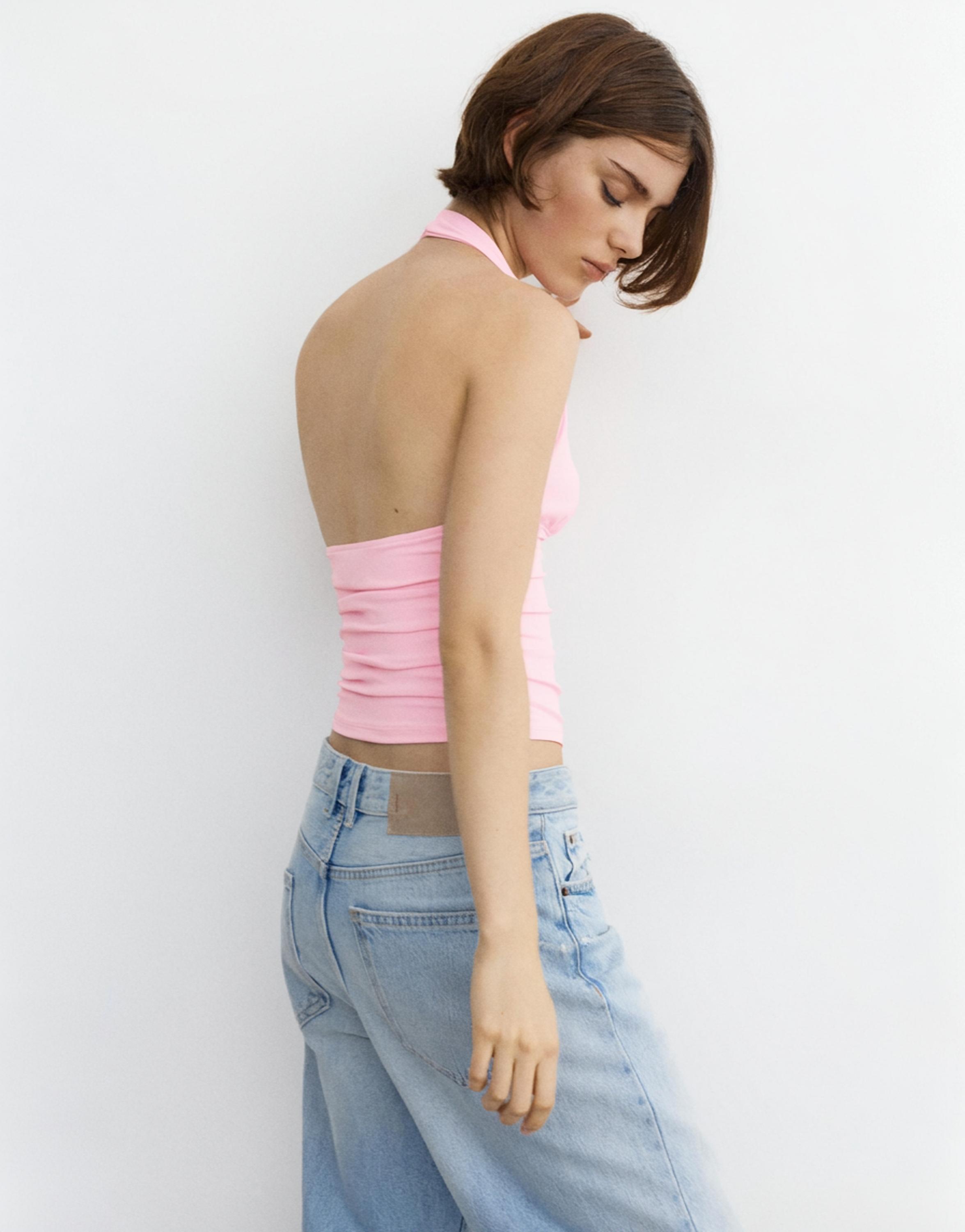 Halter neck top with gathering — Pink