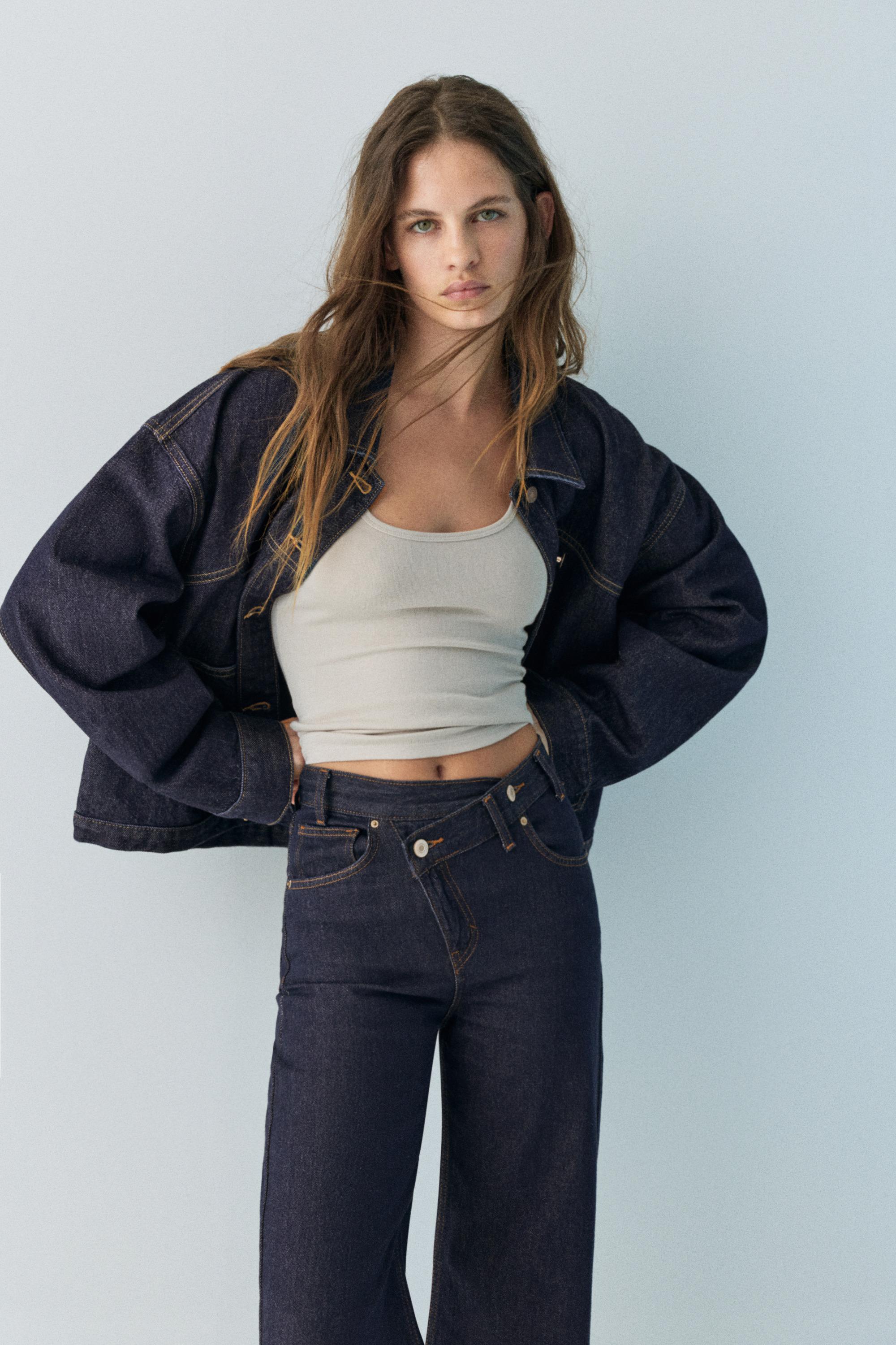 Wide leg jeans with crossover waistband — Navy