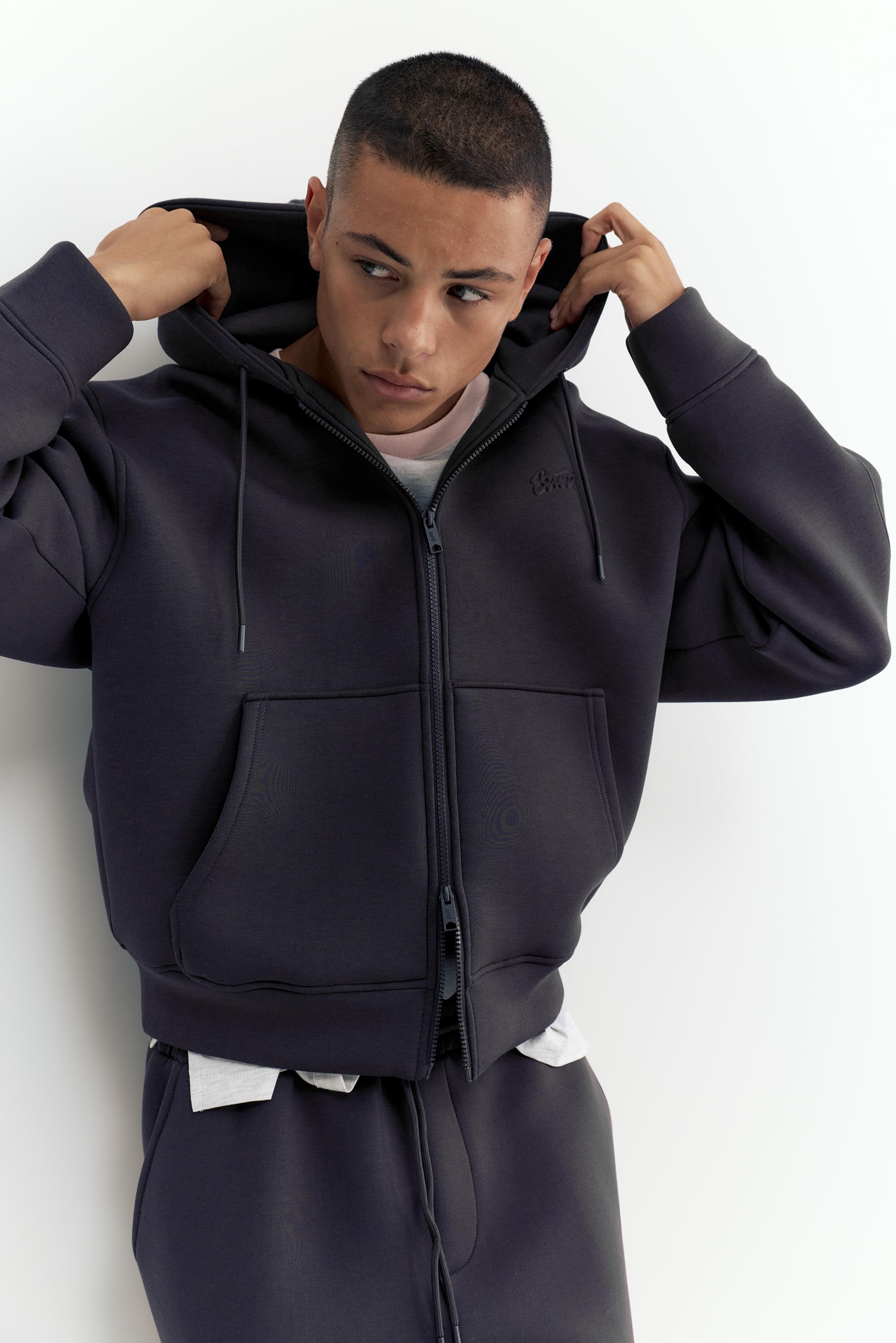 Neoprene-effect zip-up hoodie — Anthracite grey