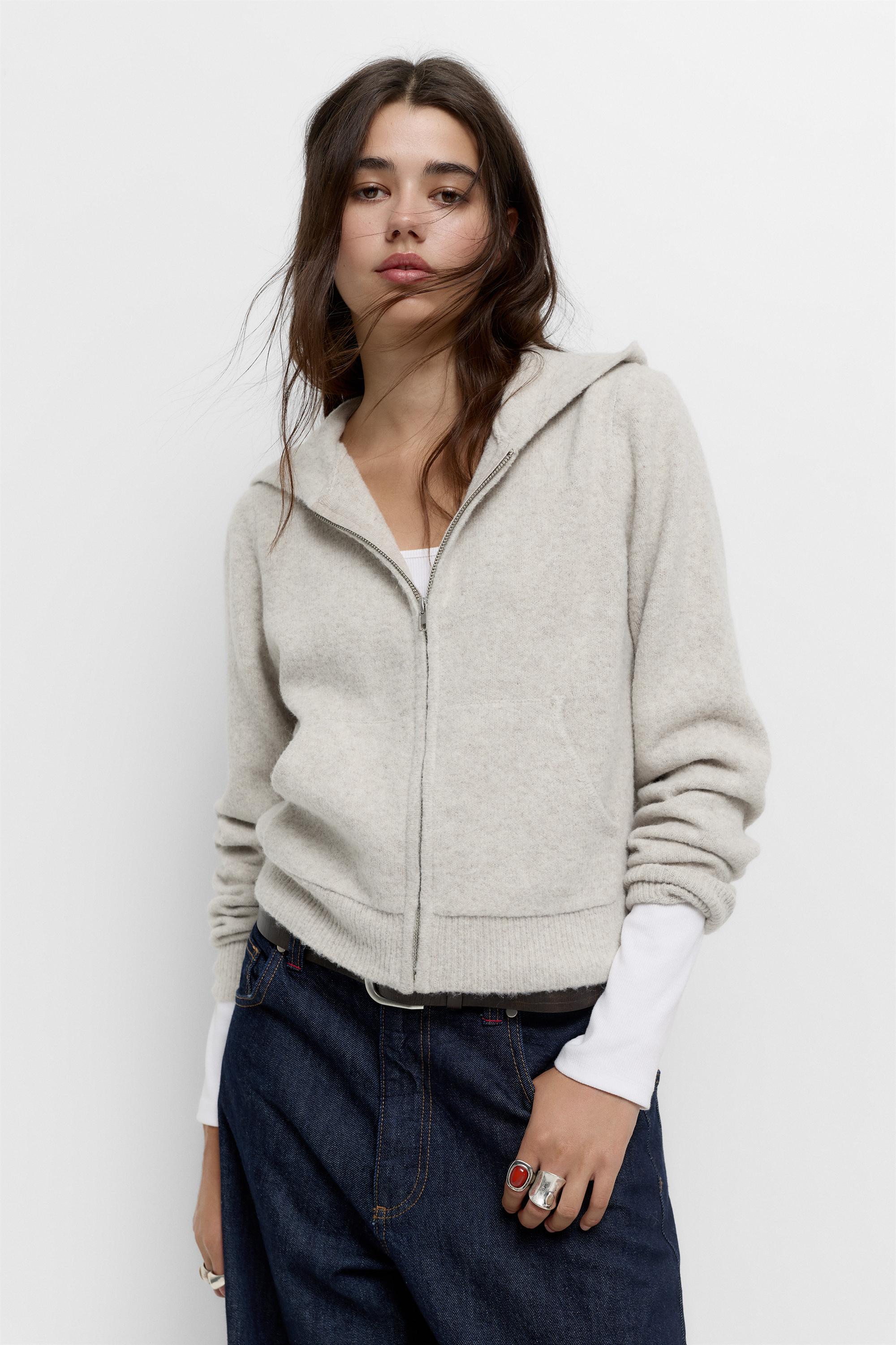 Knitted hoodie with zip - pull&bear