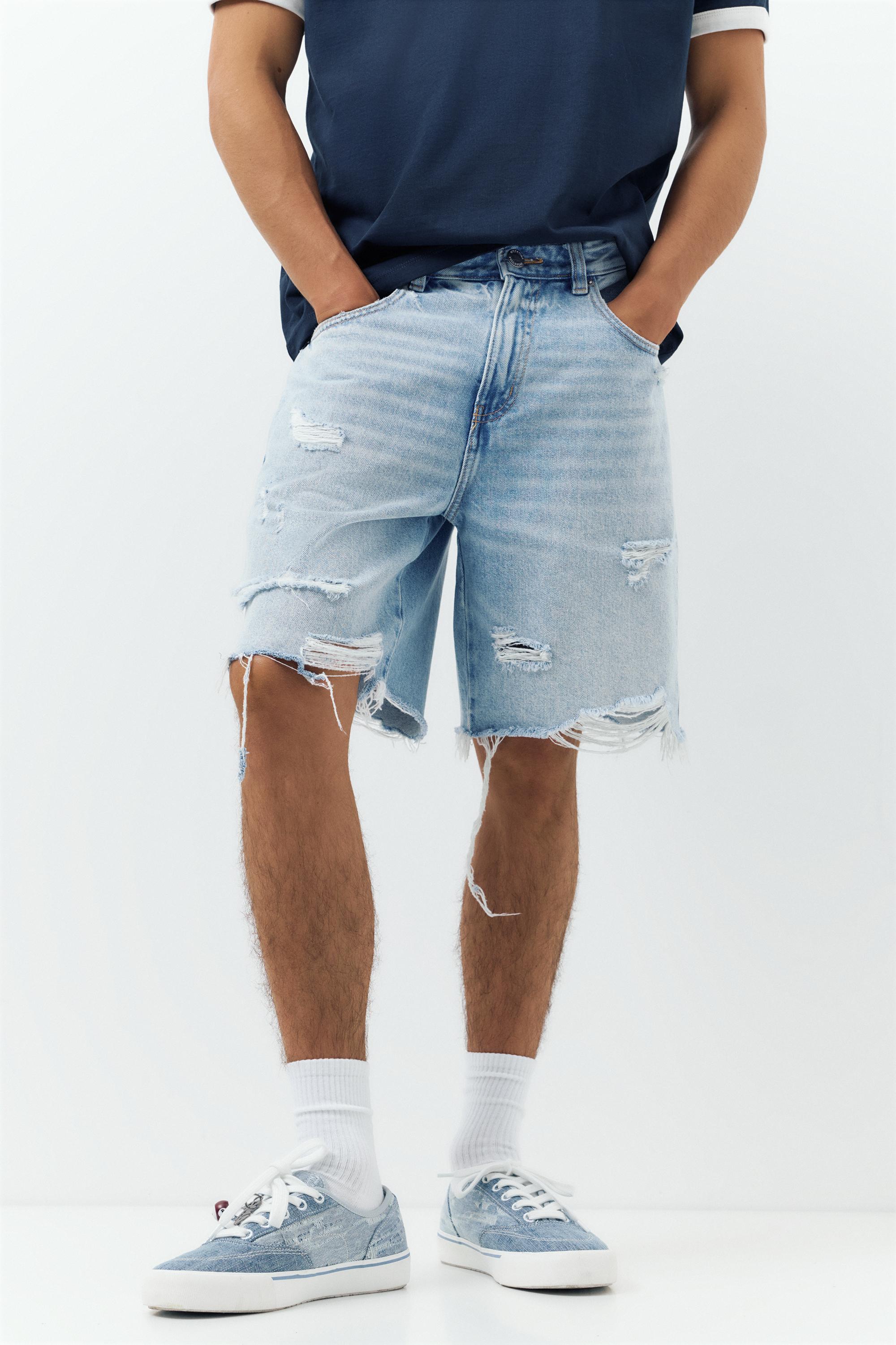 Straight-leg denim Bermuda shorts — Pale indigo
