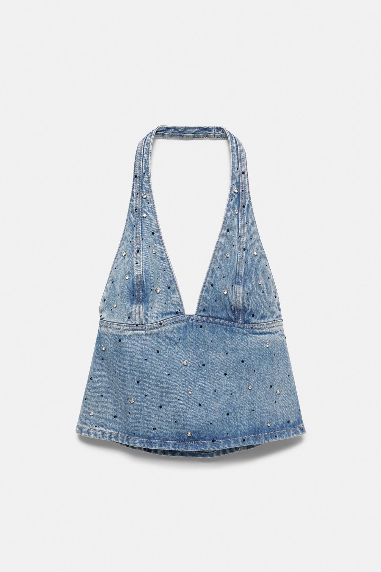 Denim halter top with rhinestones — Medium blue