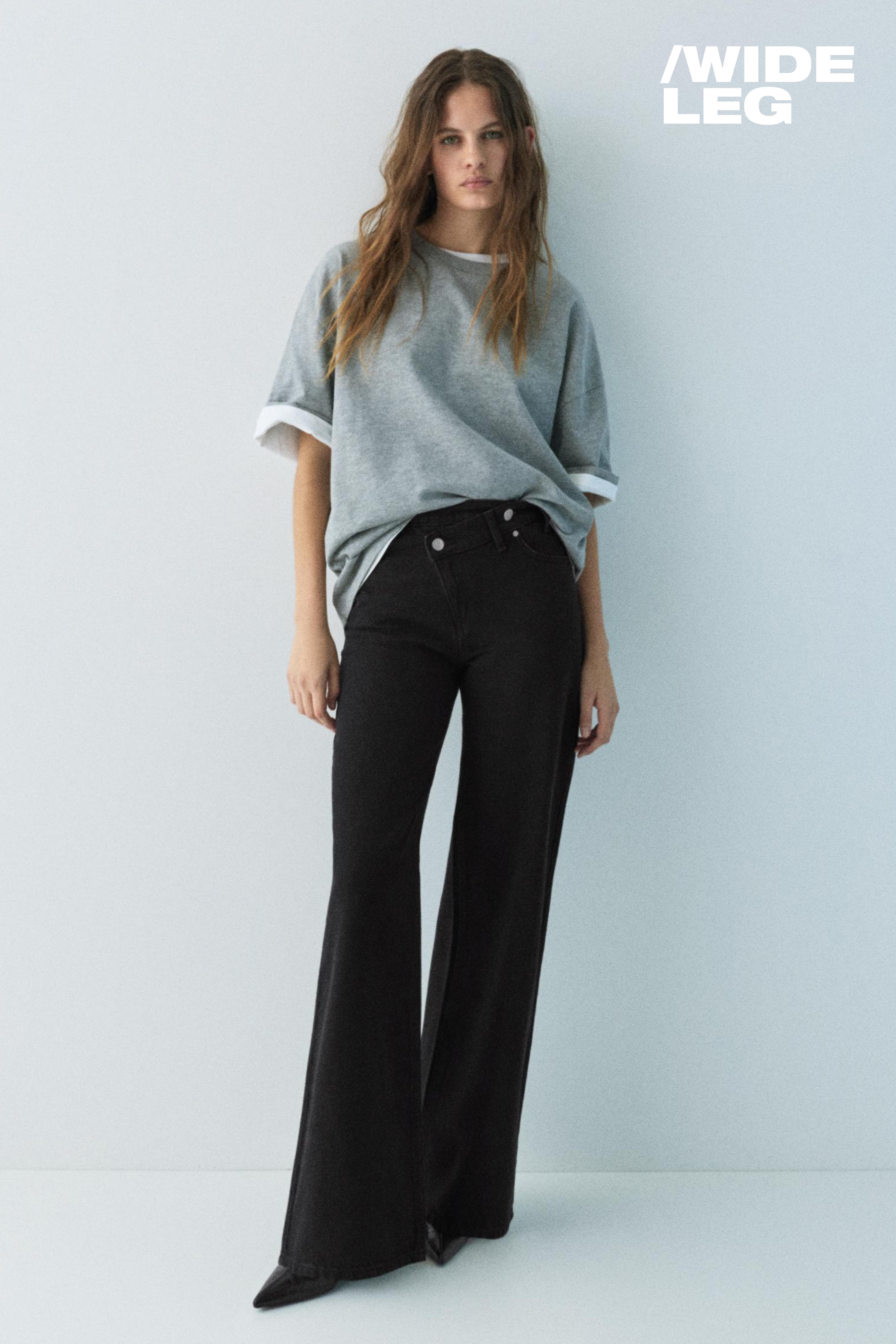 Wide leg jeans with crossover waistband — Black