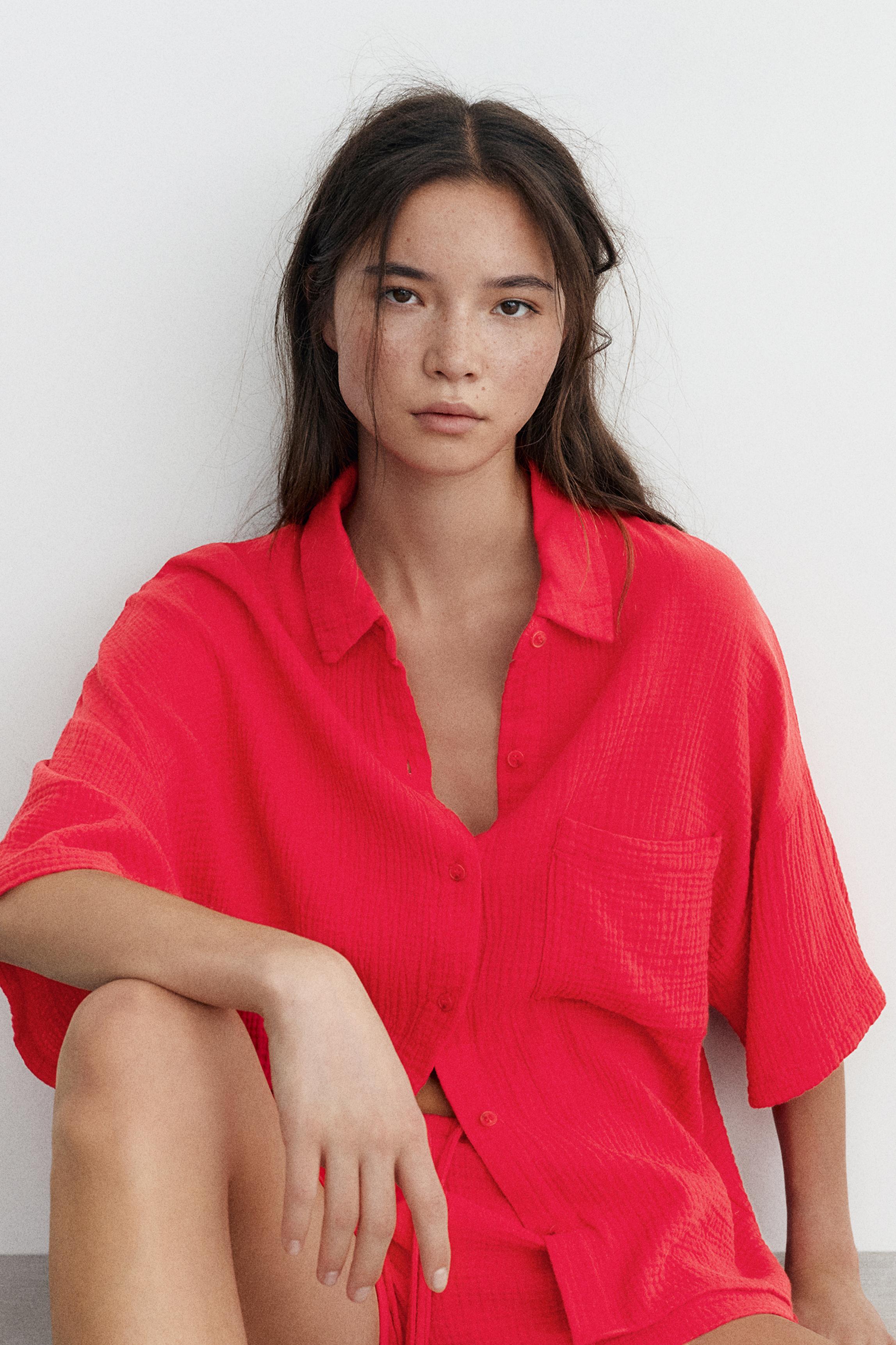 Short sleeve crepe shirt — Red