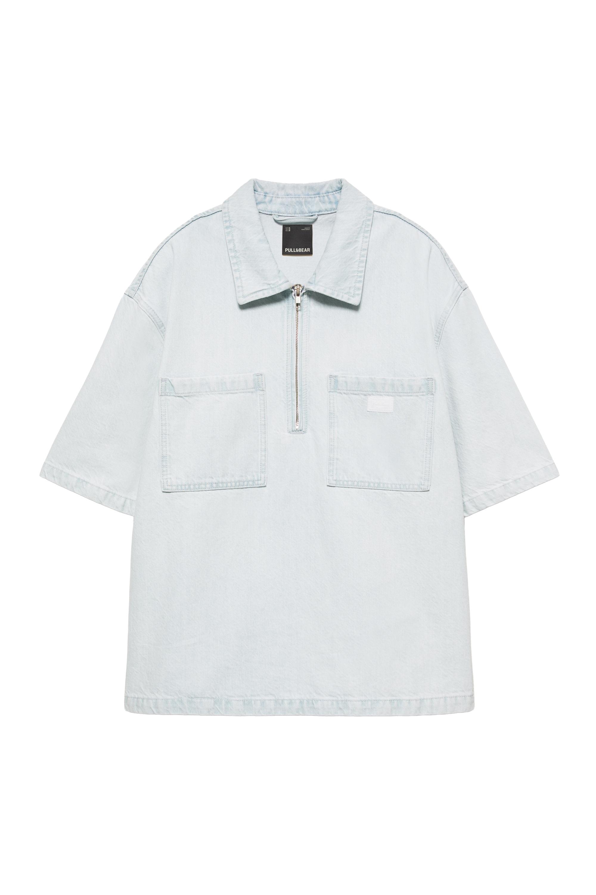 Pull&Bear Fermuarlı denim polo t-shirt görsel 3