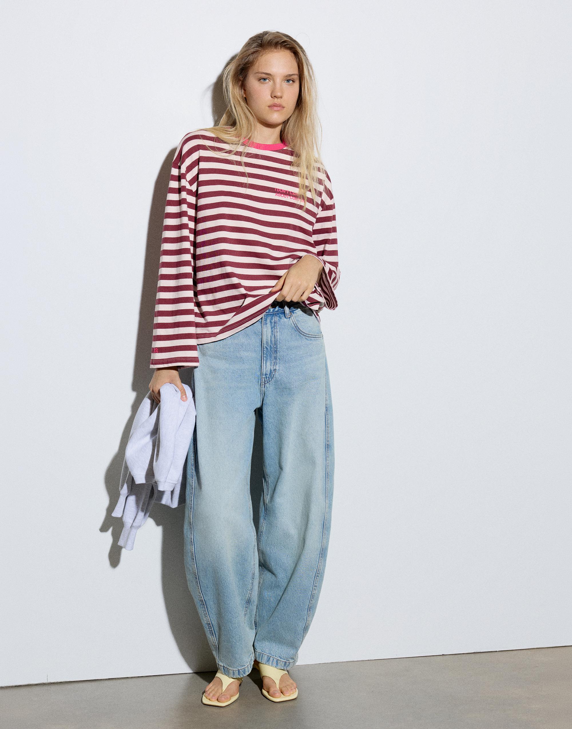 Oversize striped slogan T-shirt — Pale pink