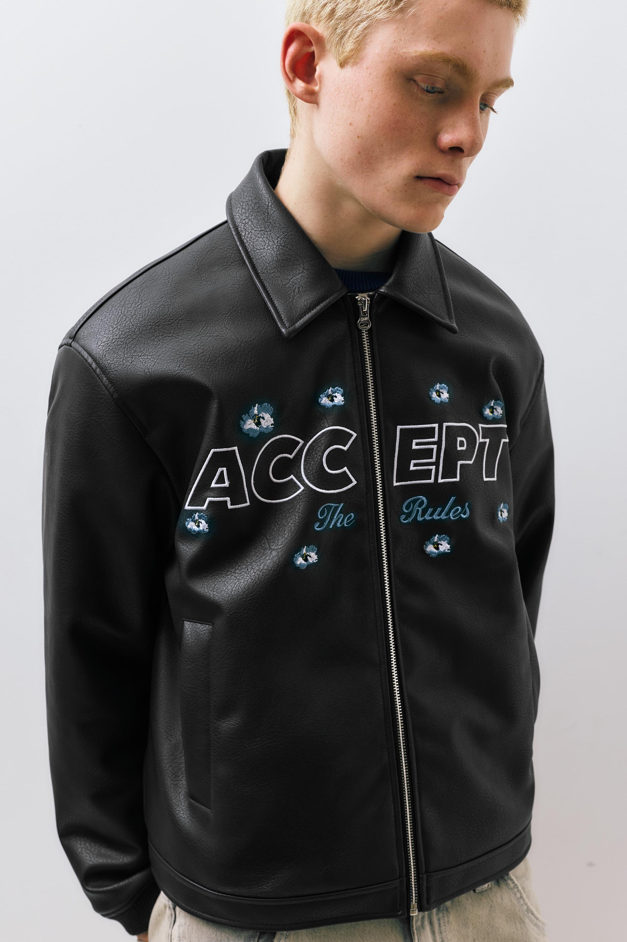 Faux leather jacket with flowers — Black