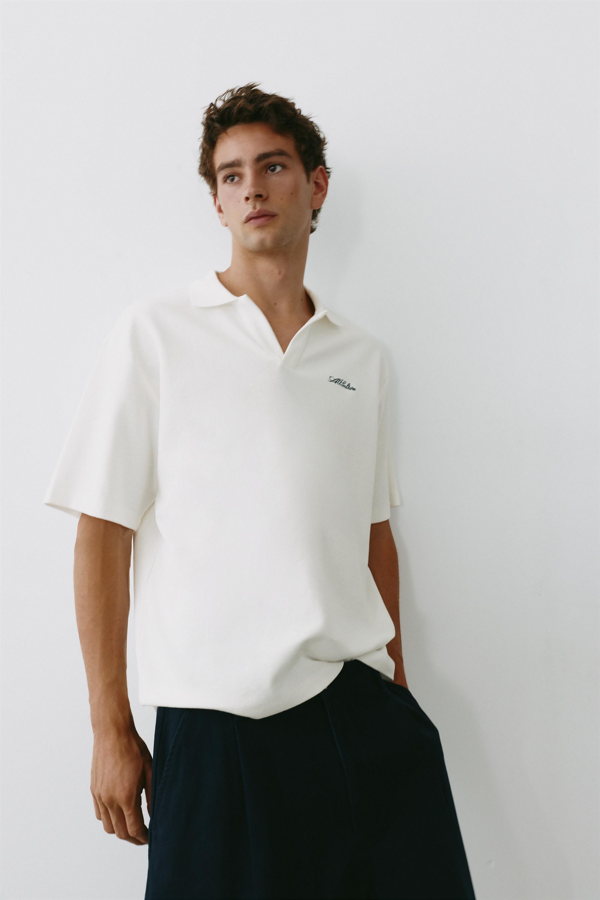 Short sleeve waffle-knit polo shirt — Off white