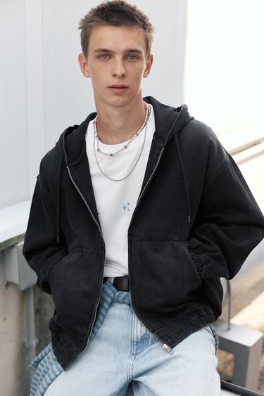 STWD hooded zip-up denim jacket — Faded black 1