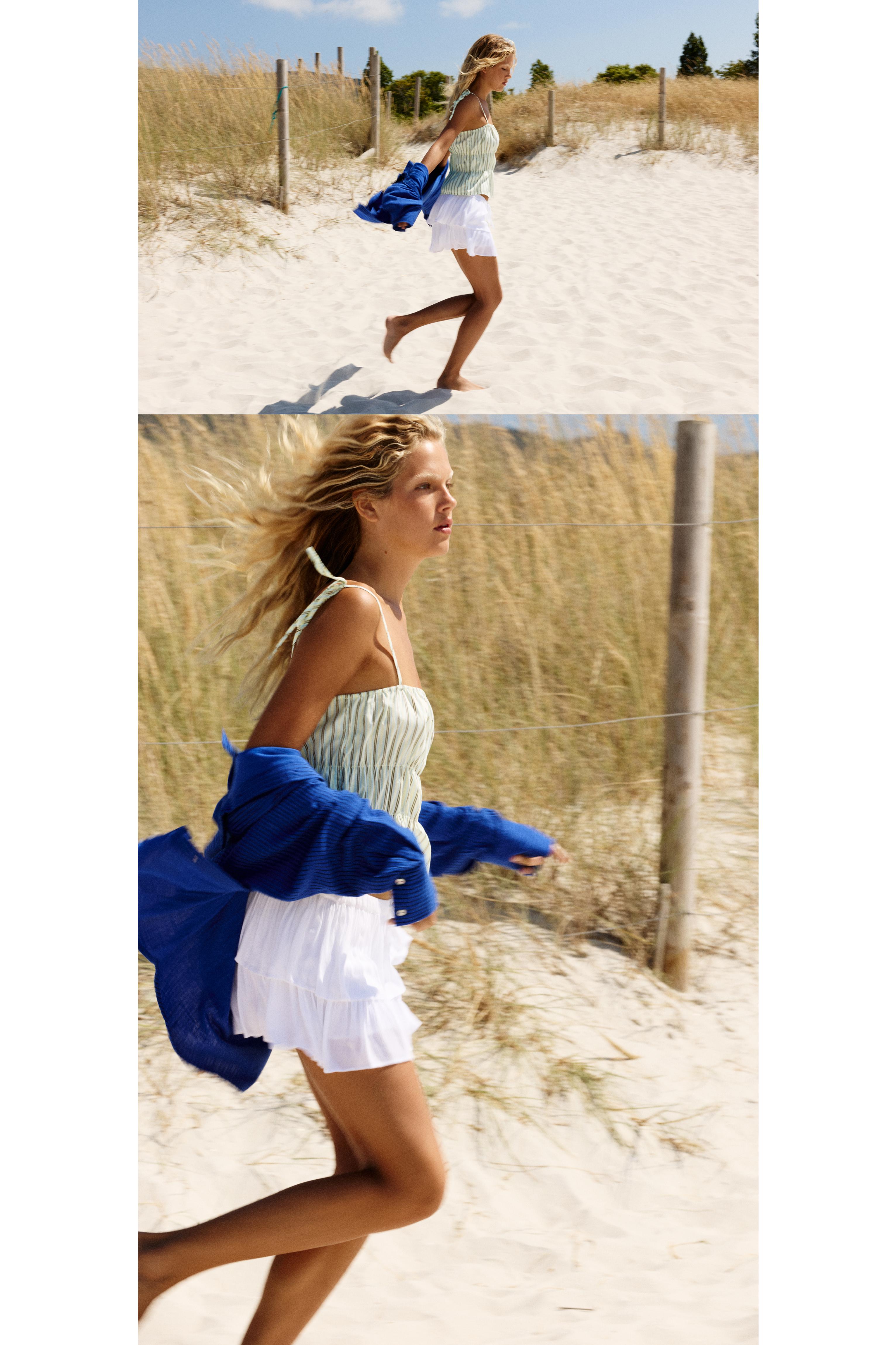 Striped gathered strap top — Yellow