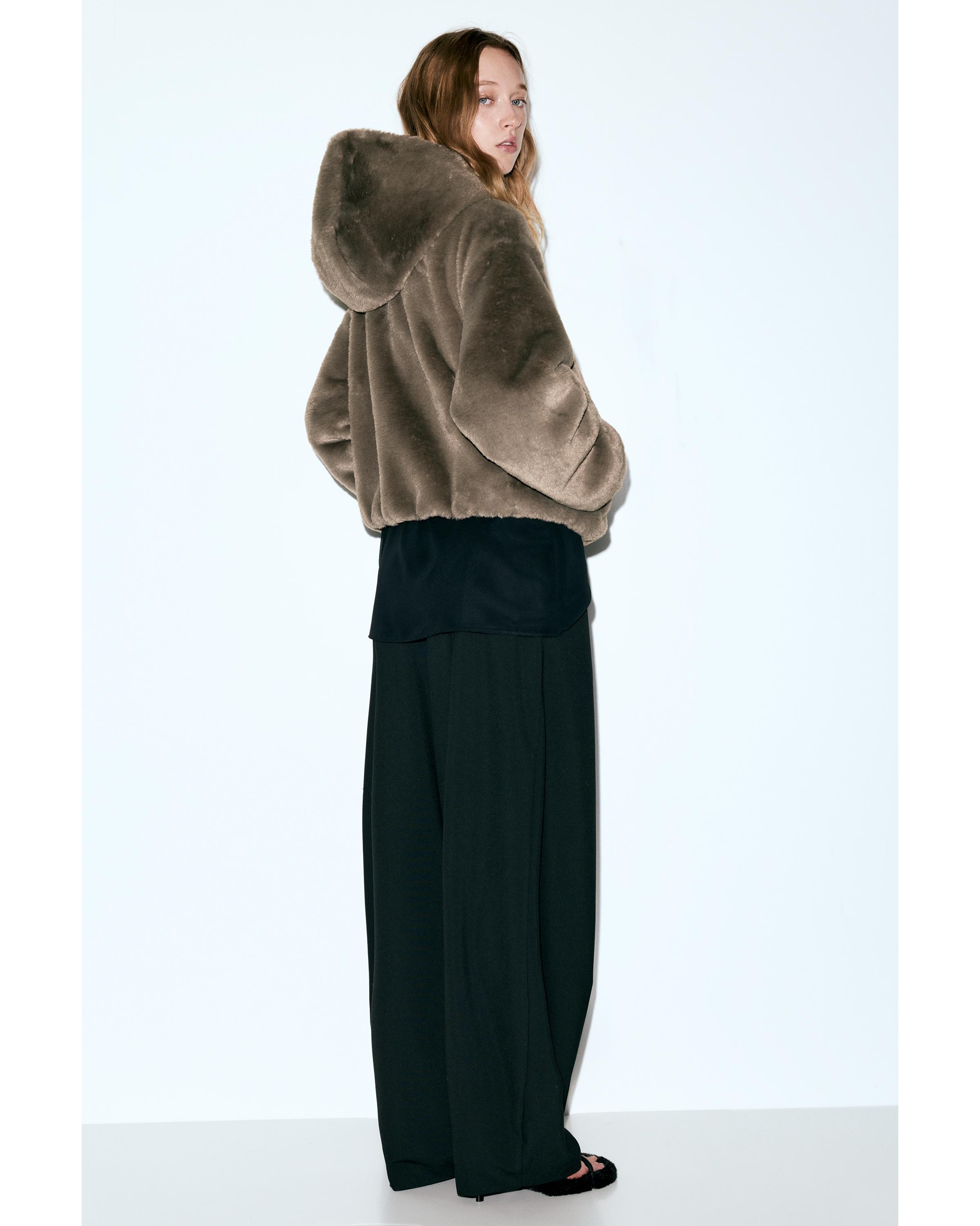 Kapüşonlu suni kürk ceket - Görsel 21