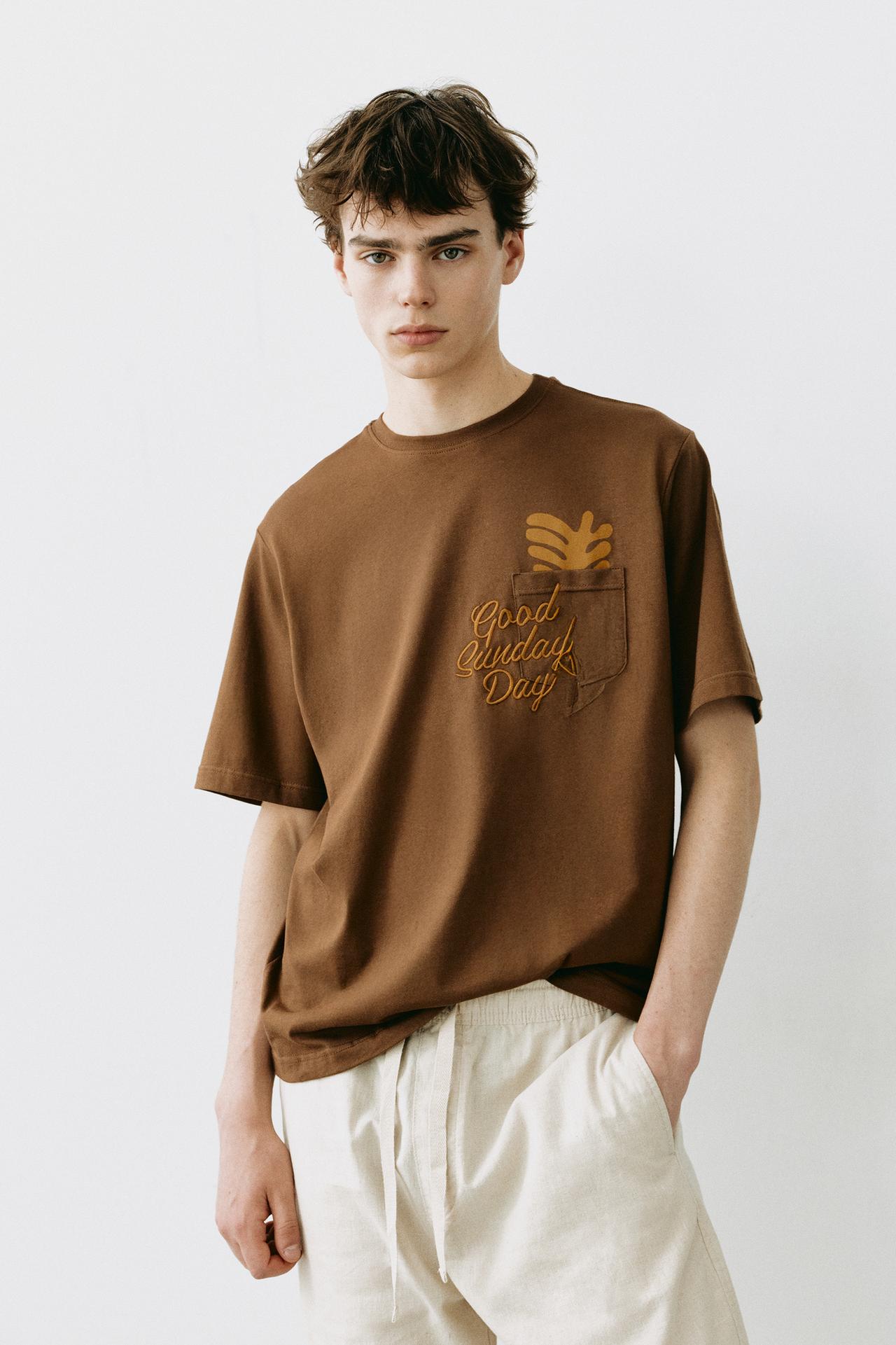 Boxy-fit graphic pocket T-shirt — Brown