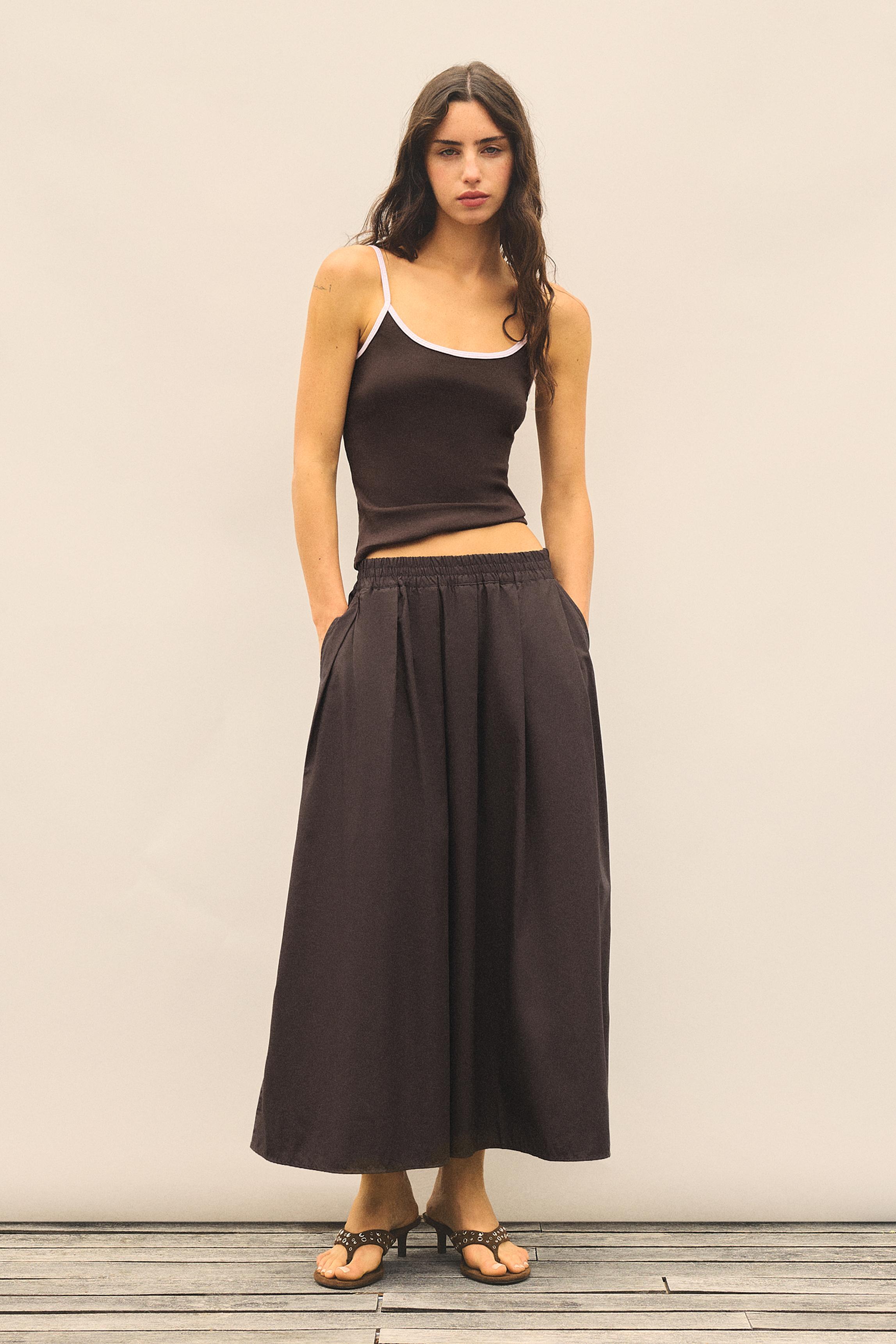Long poplin skirt — Brown
