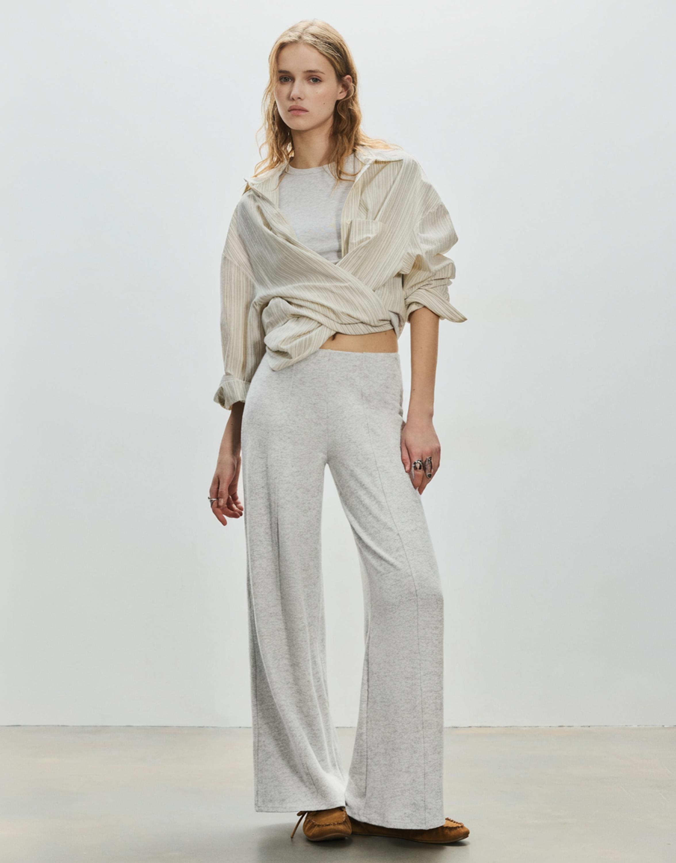 Wide-leg soft touch trousers — Pale marl