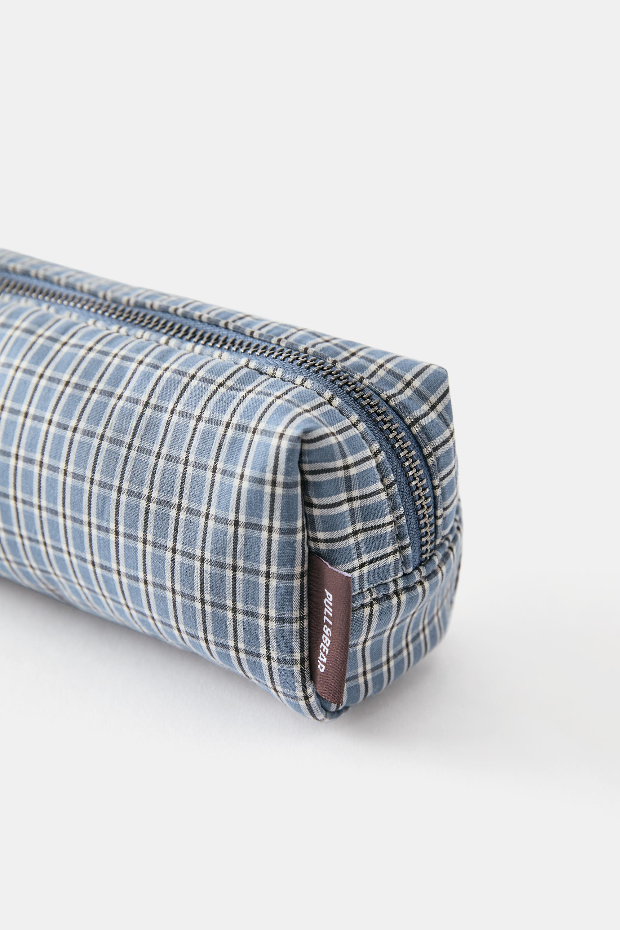 Check print pencil case — Blue