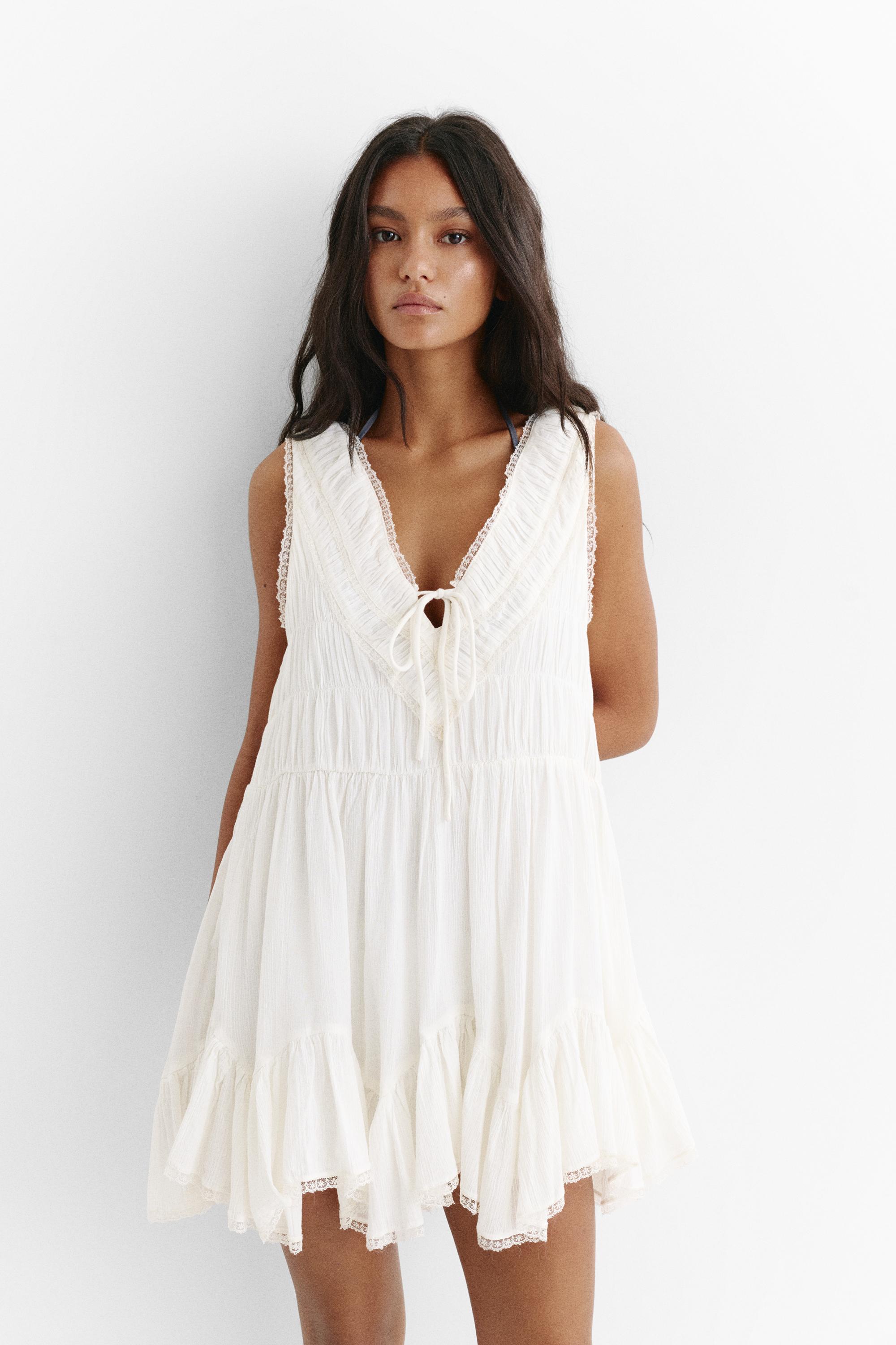 Short ruffled white dress — Ecru