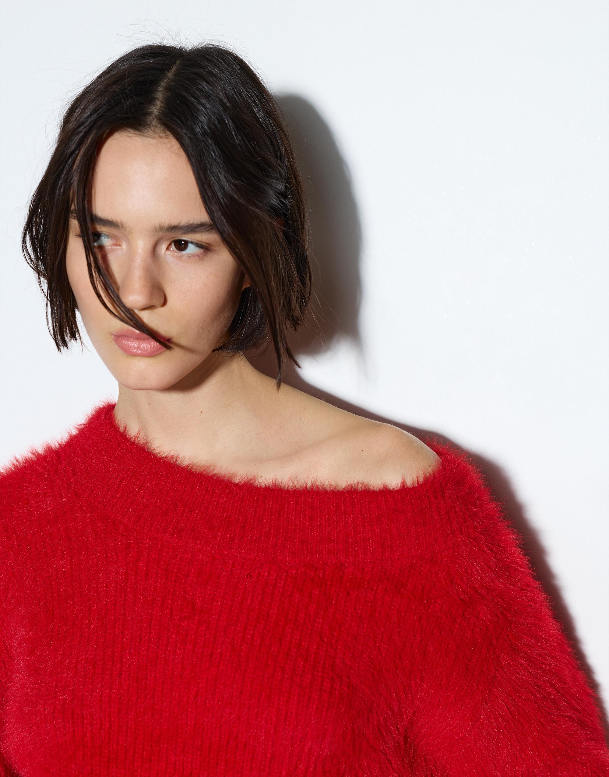 Asymmetric faux fur sweater — Red