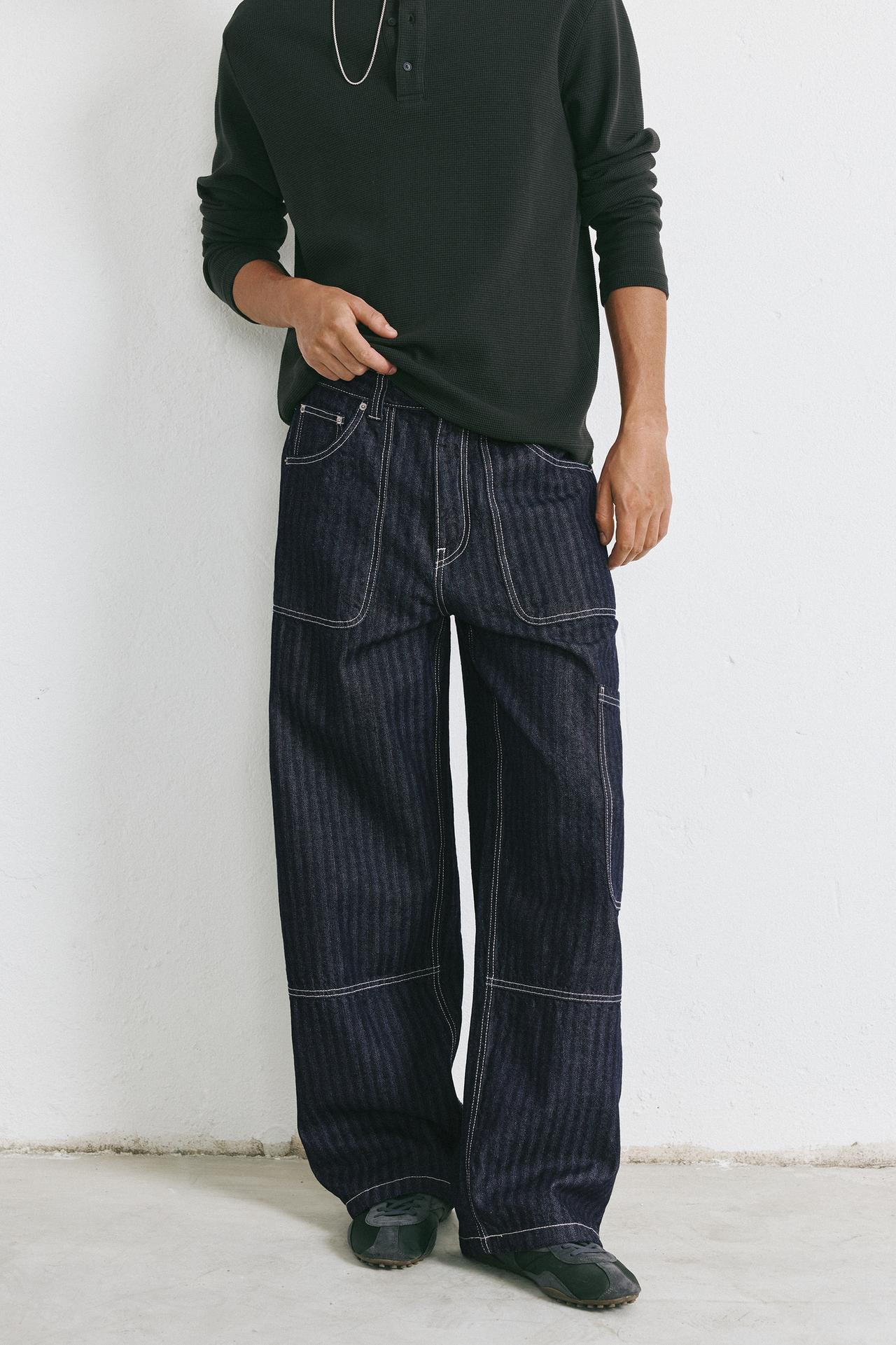 Striped relaxed-fit cargo jeans — Navy