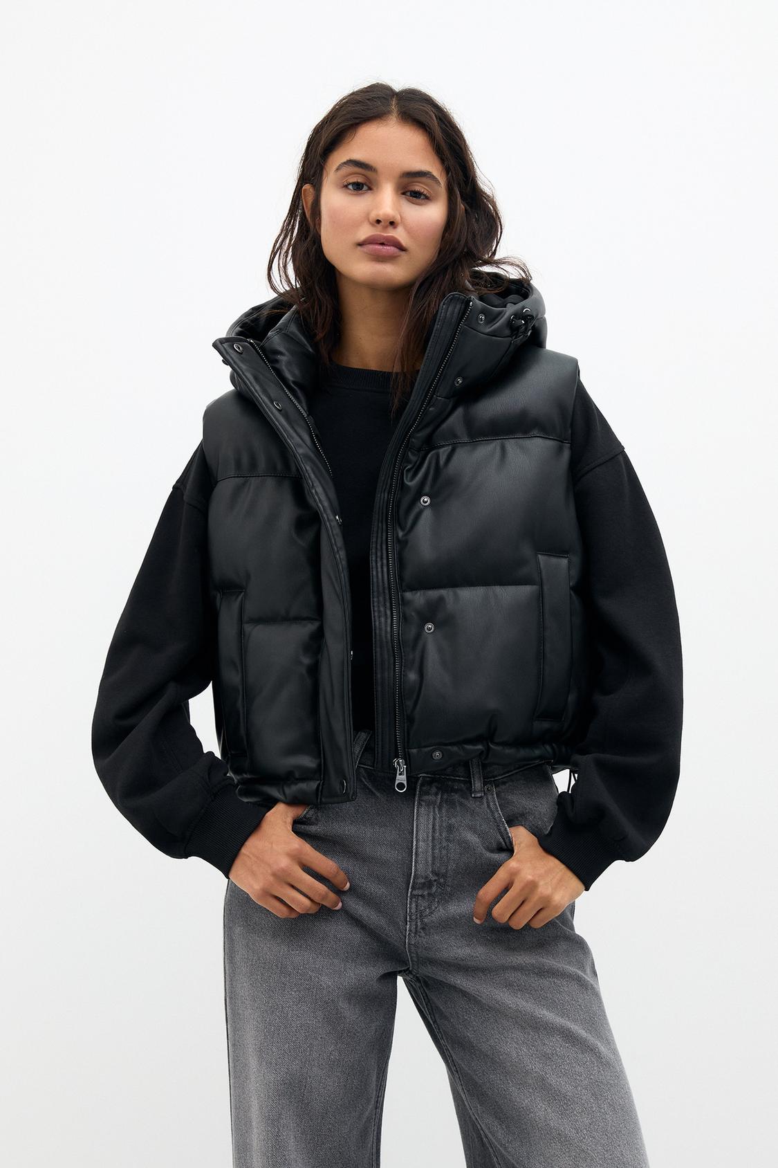 Pull&bear Padded Black Puffer Jacket Faux Leather Quilted Vest Pull&bear